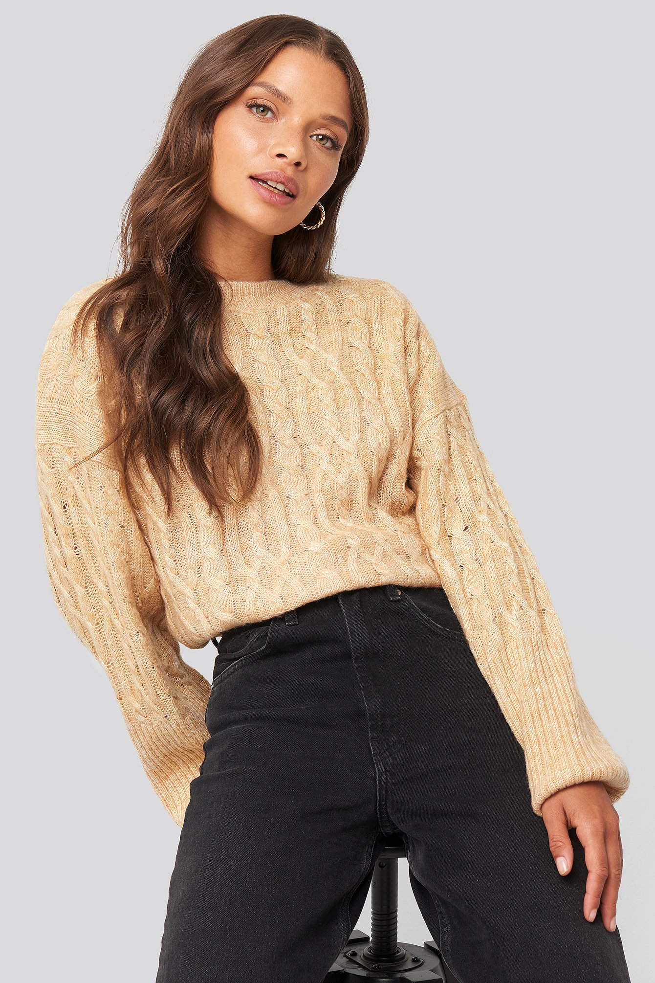 Beige Cropped Cable Knitted Sweater