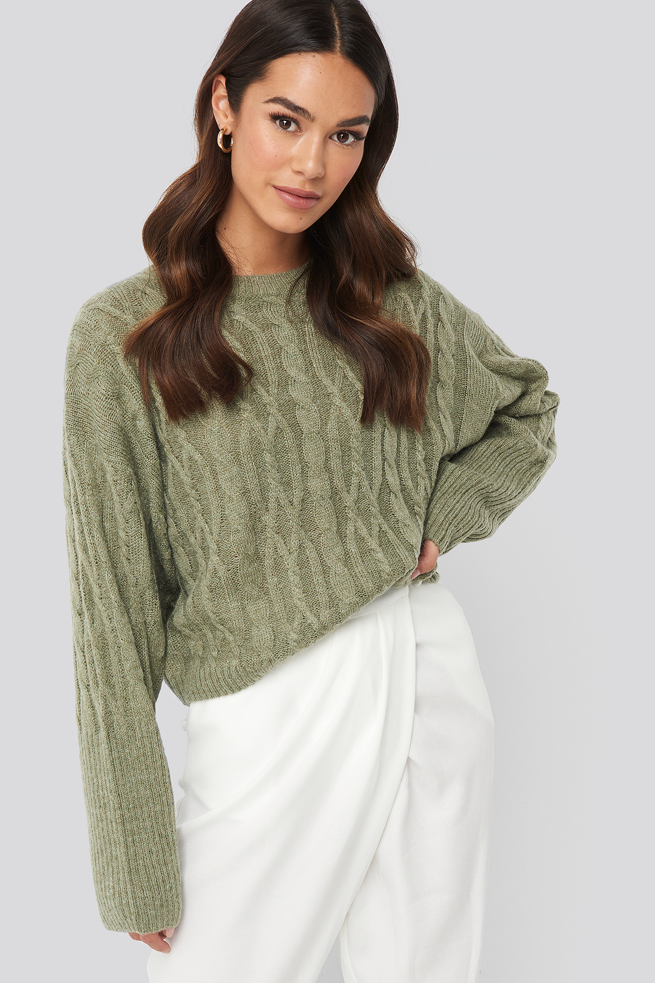 Cropped Cable Knitted Sweater Light Khaki