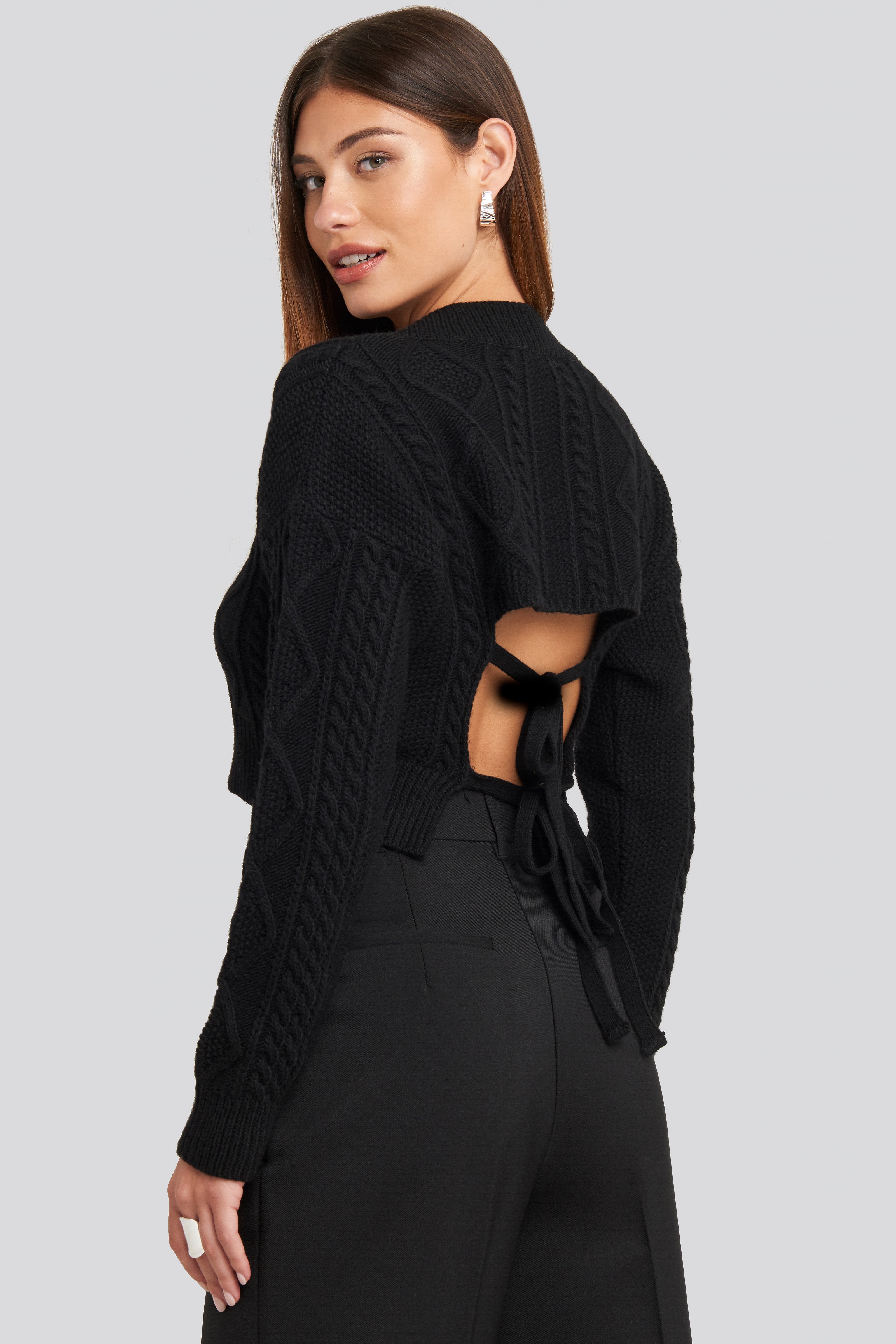 Deep Black Cropped Cable Open Back Sweater