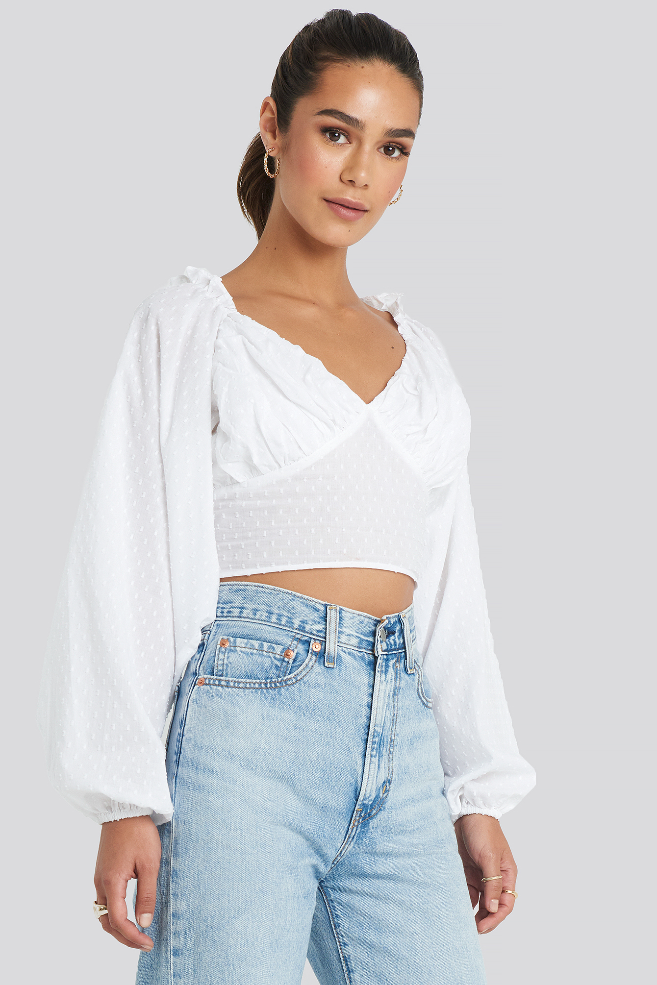 Cropped Cotton Dobby Top White