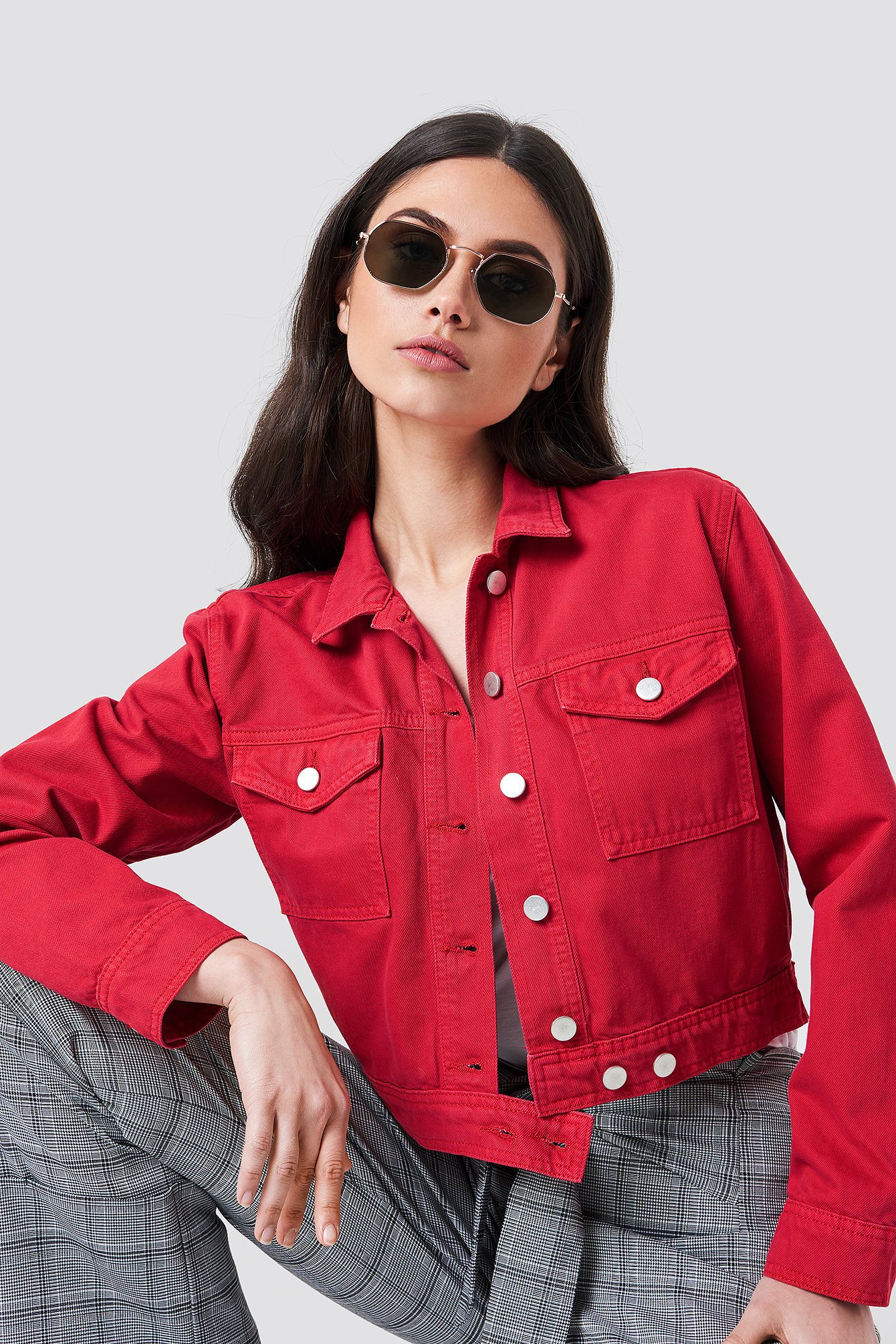 Clo Clu Casual Crop Denim Jacket Red Colour
