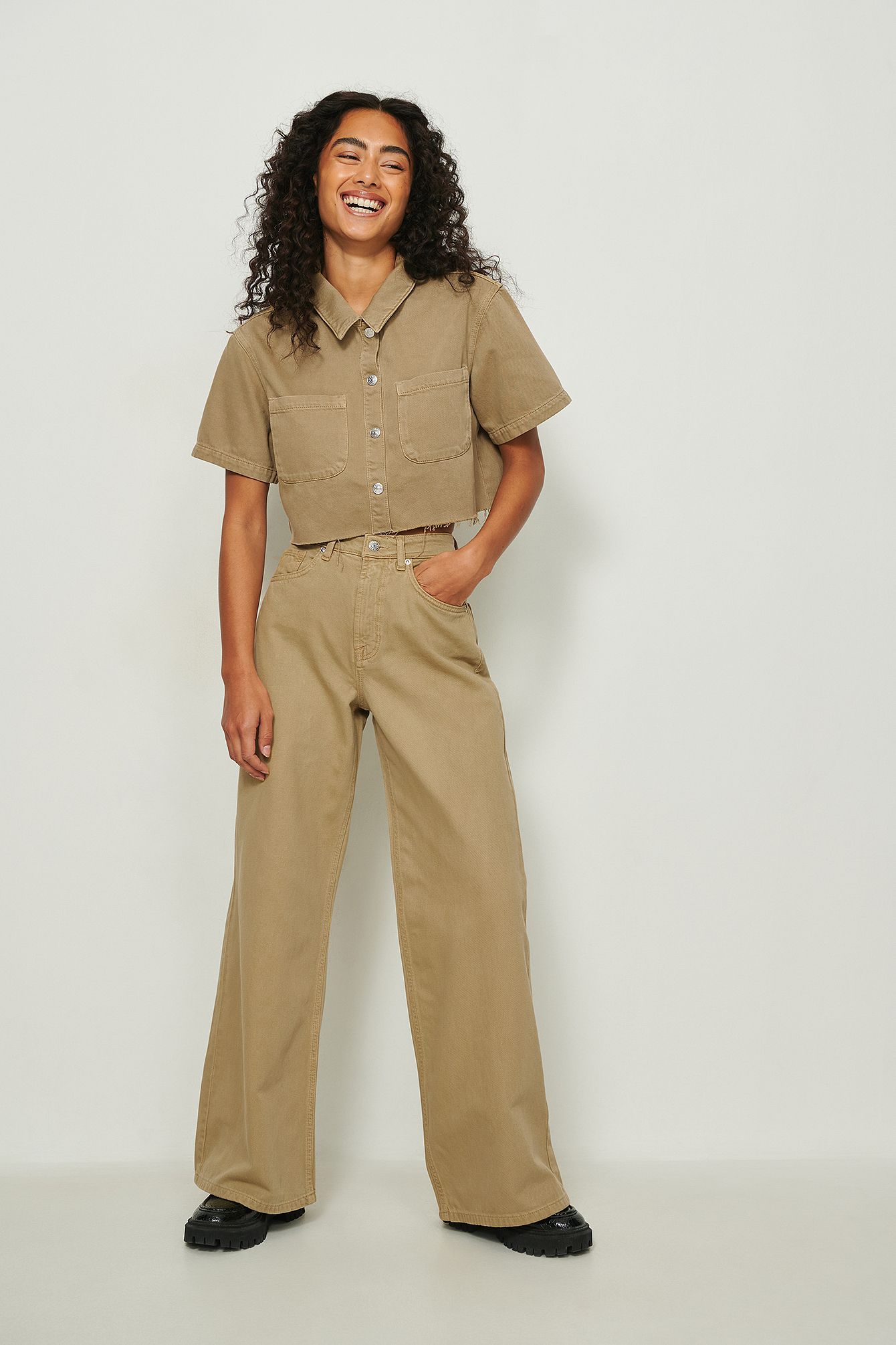Cropped Denim Shirt Brown | na-kd.com