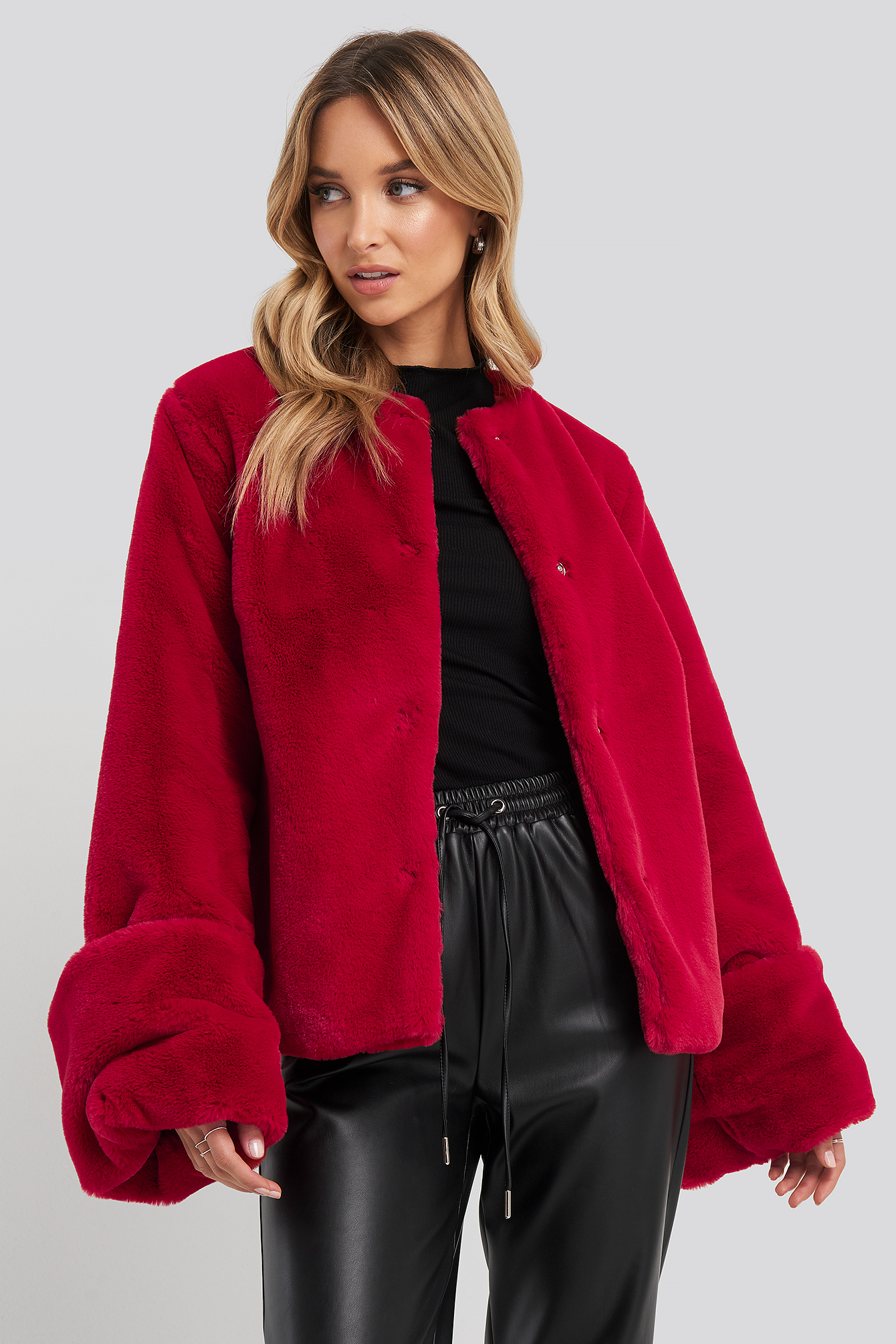 Cropped Faux Fur Jacket Dark Red