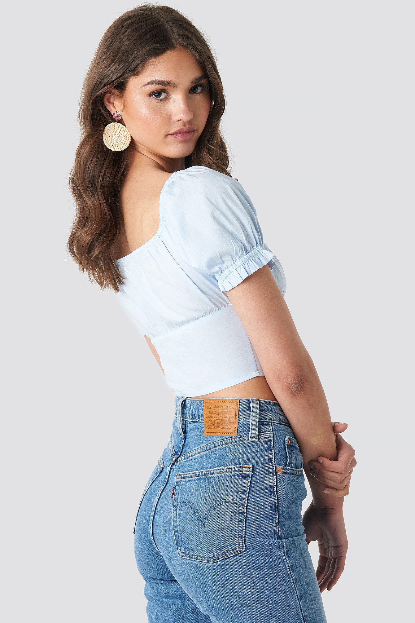 Light Blue Cropped Fitted Button Top