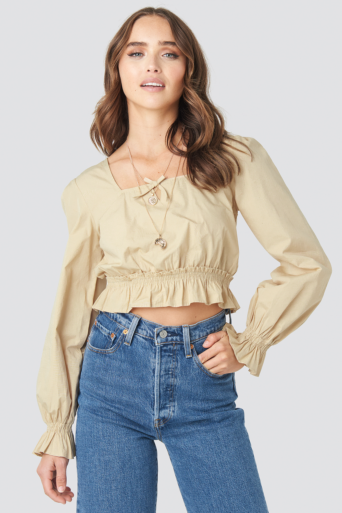 Cropped Frill Long Sleeve Top Beige