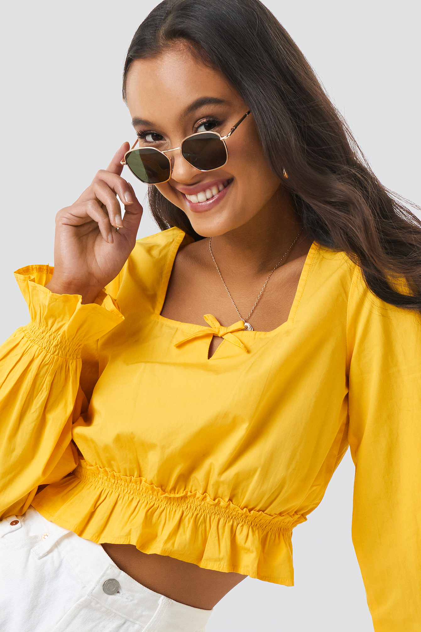 Cropped Frill Long Sleeve Top Yellow