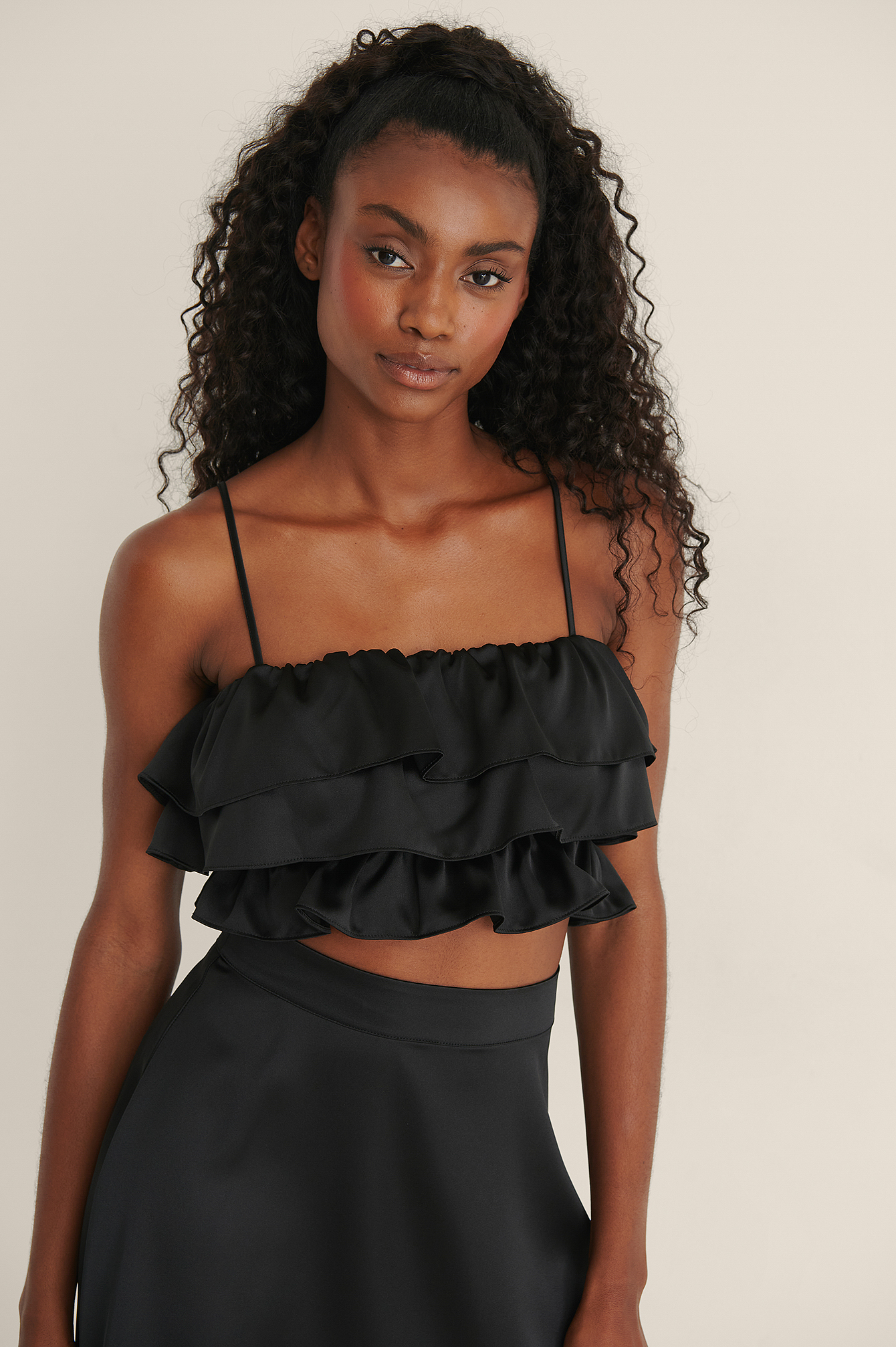 Black Cropped Frill Top