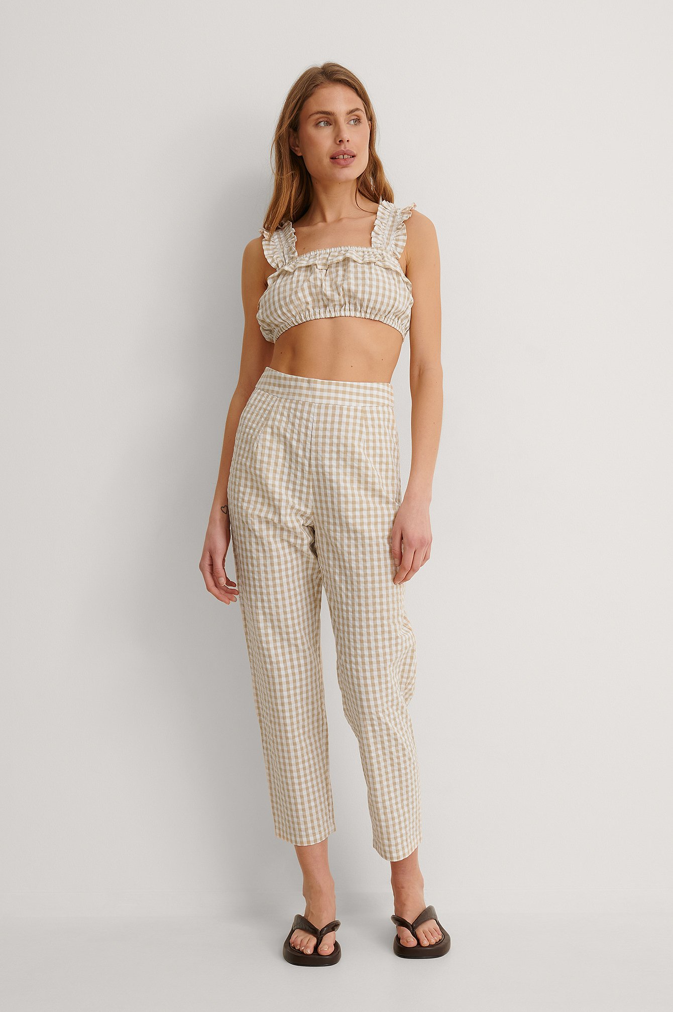 Beige Check Organic Cropped Gingham Pants