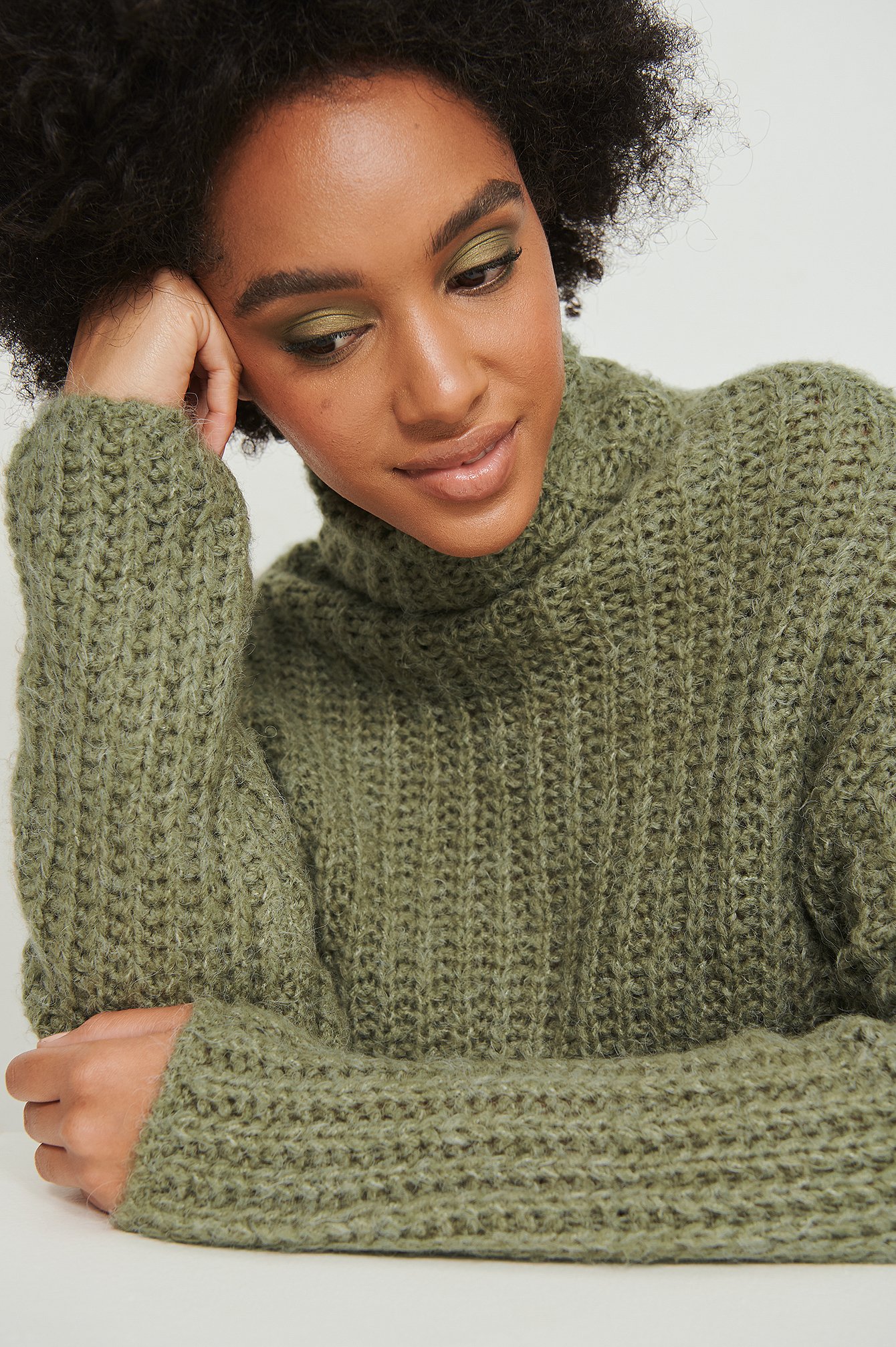 Light Khaki Cropped Knitted High Neck Sweater