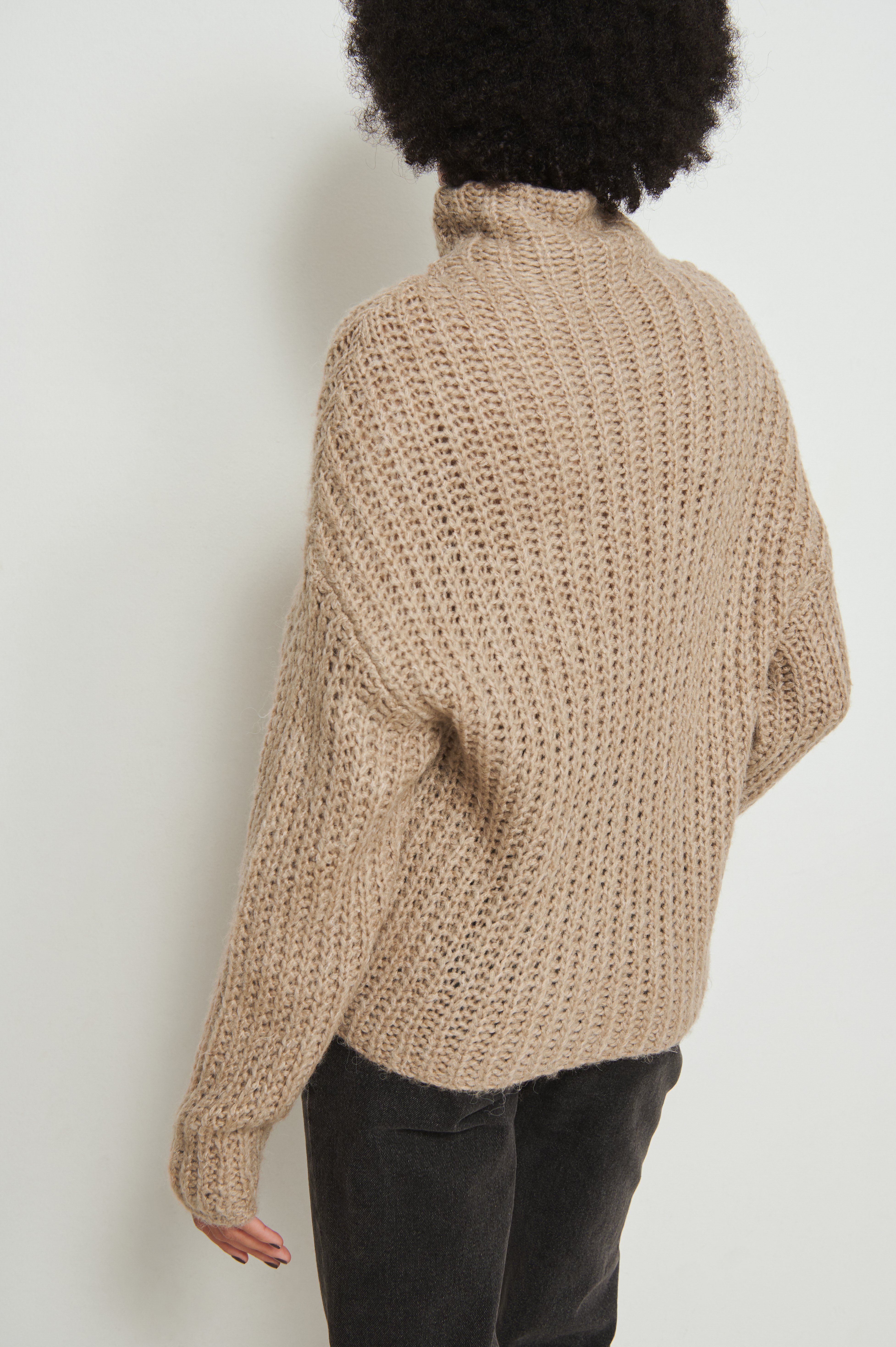 Beige Cropped Knitted High Neck Sweater