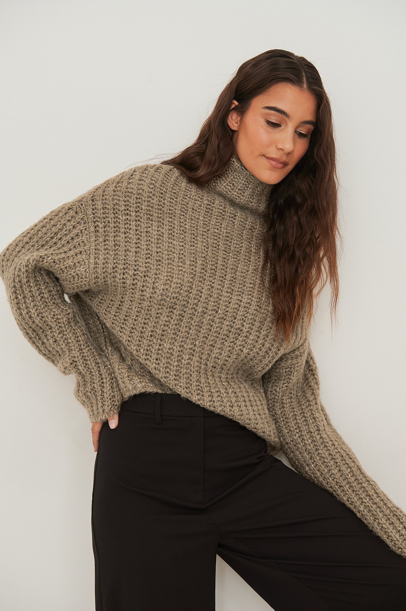 Light Brown Cropped Knitted High Neck Sweater