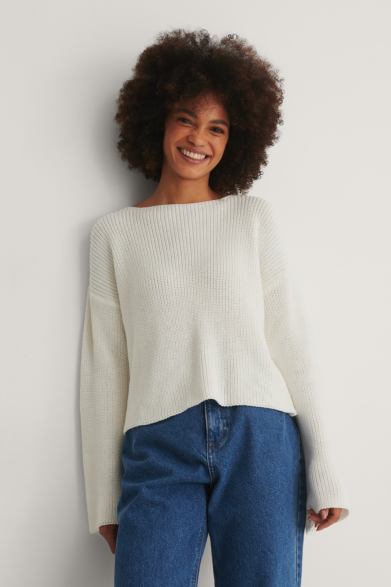 White NA-KD Cropped Long Sleeve Knitted Sweater