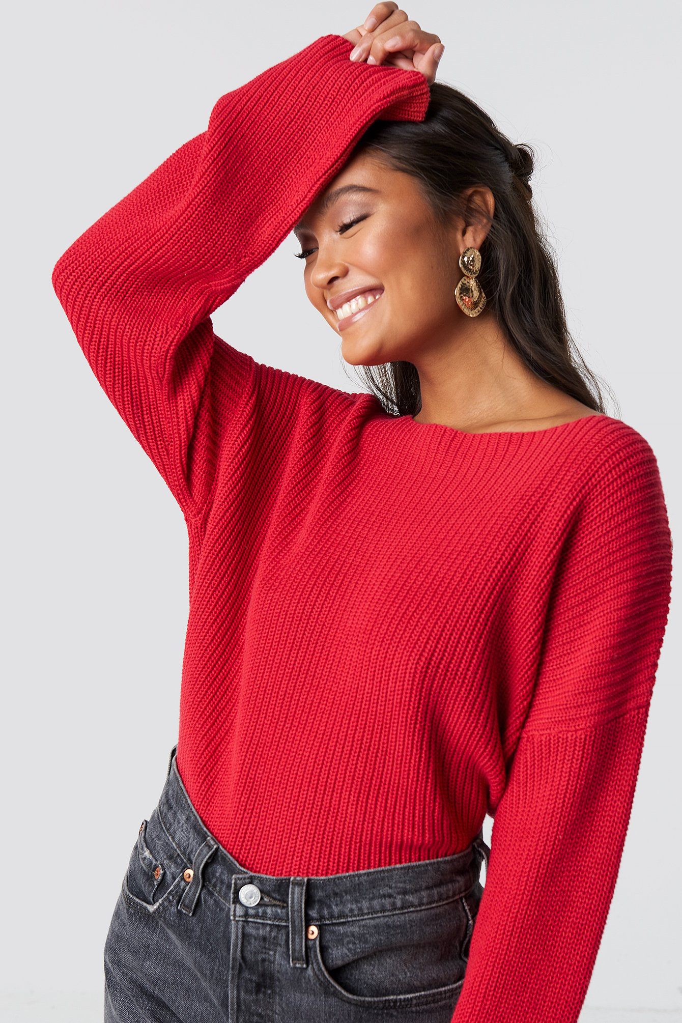 Racing Red NA-KD Cropped Long Sleeve Knitted Sweater