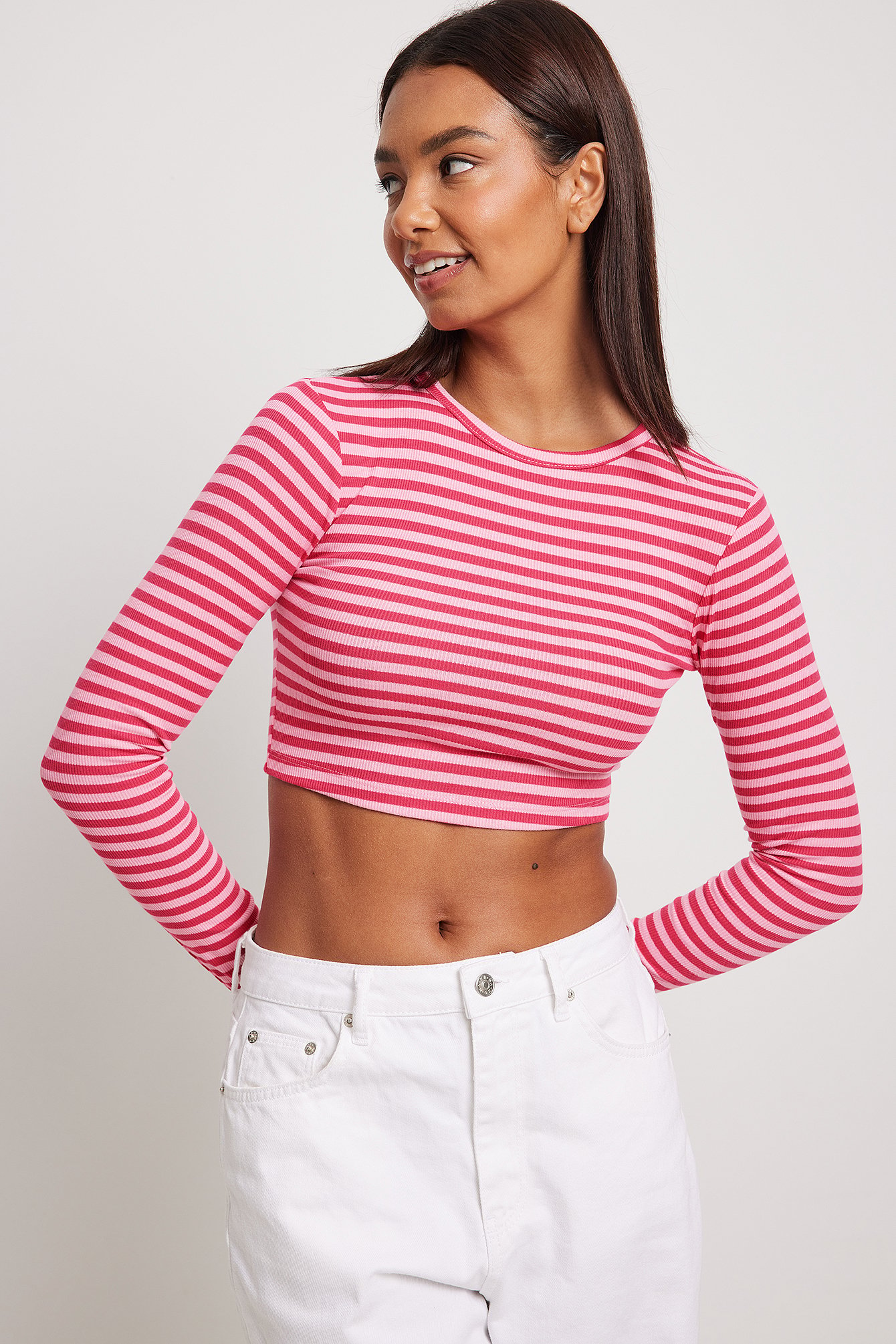 Multi Pink Cropped Long Sleeved Striped Top