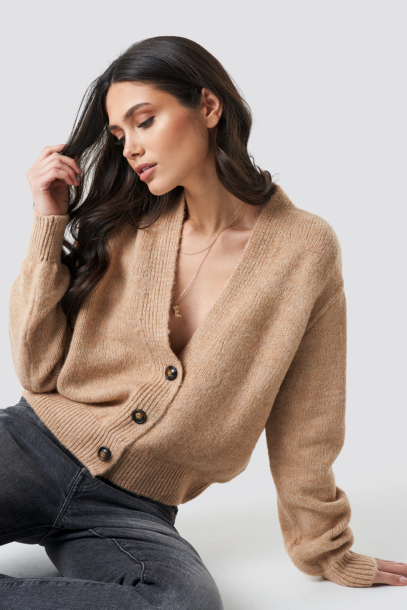 Cropped Oversized Cardigan Beige