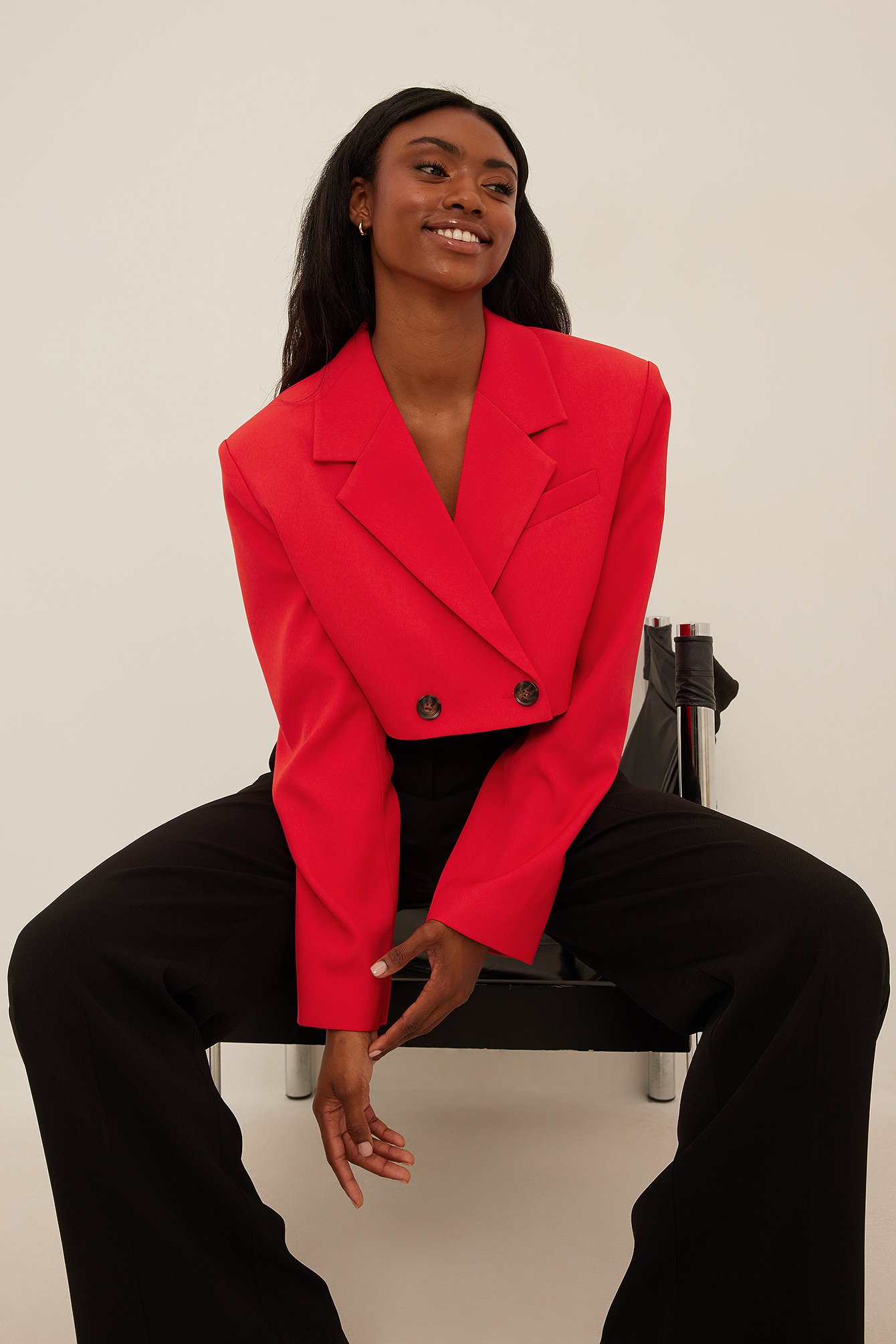 Red Cropped Oversized Double Breasted Blazer