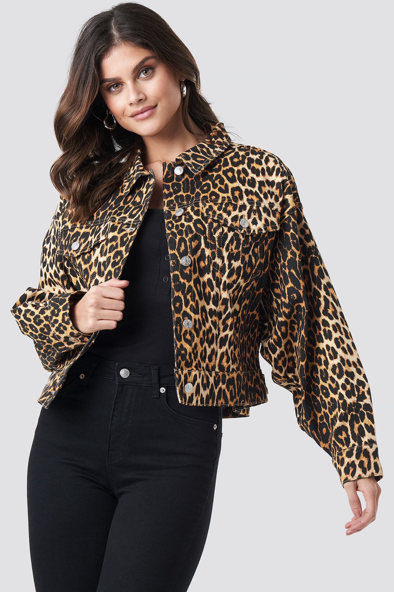 Cropped Oversized Leopard Denim Jacket Leopard