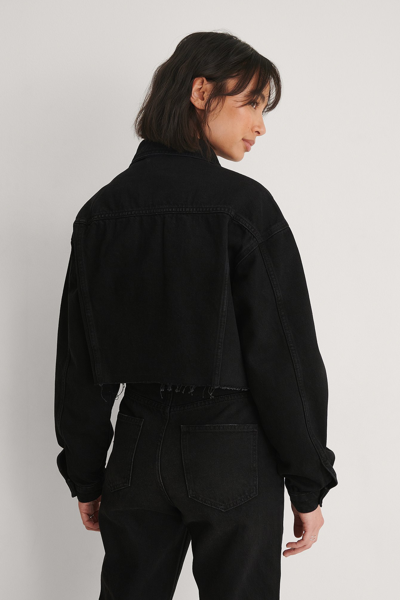 Black Organic Cropped Raw Hem Denim Jacket