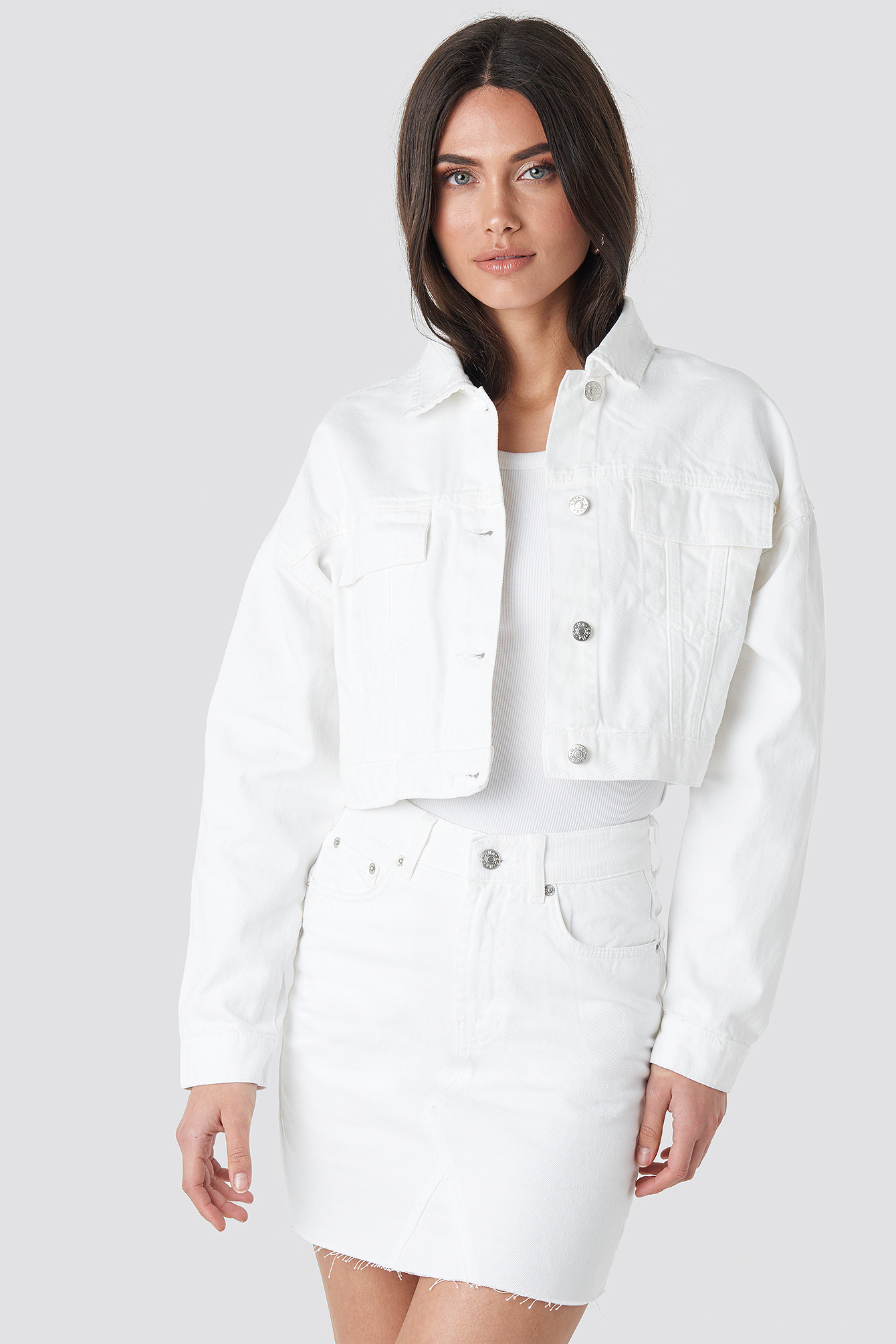 Cropped Regular Hem Denim jacket White