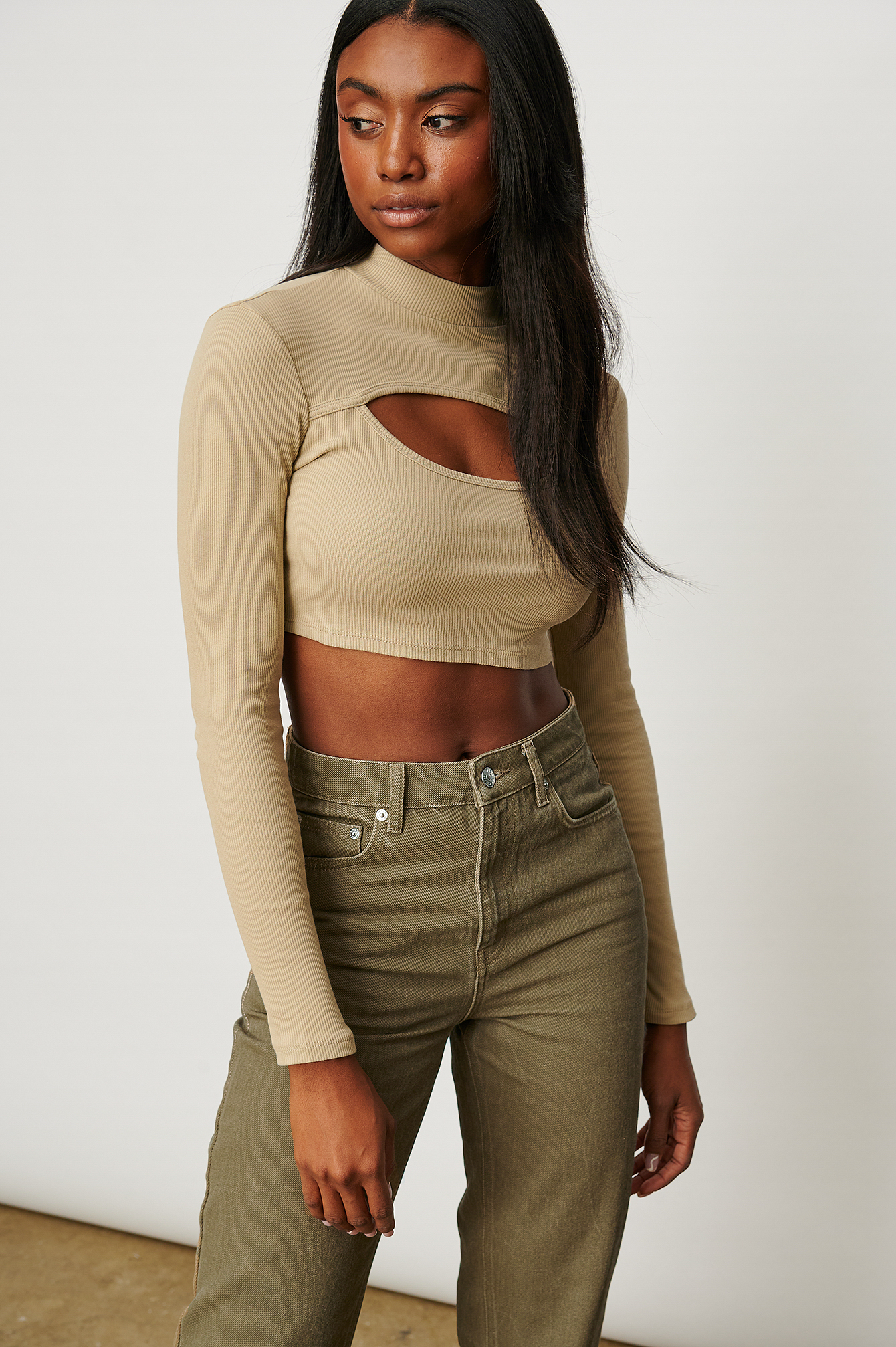 Cropped Ribbed Cut Out Top Beige