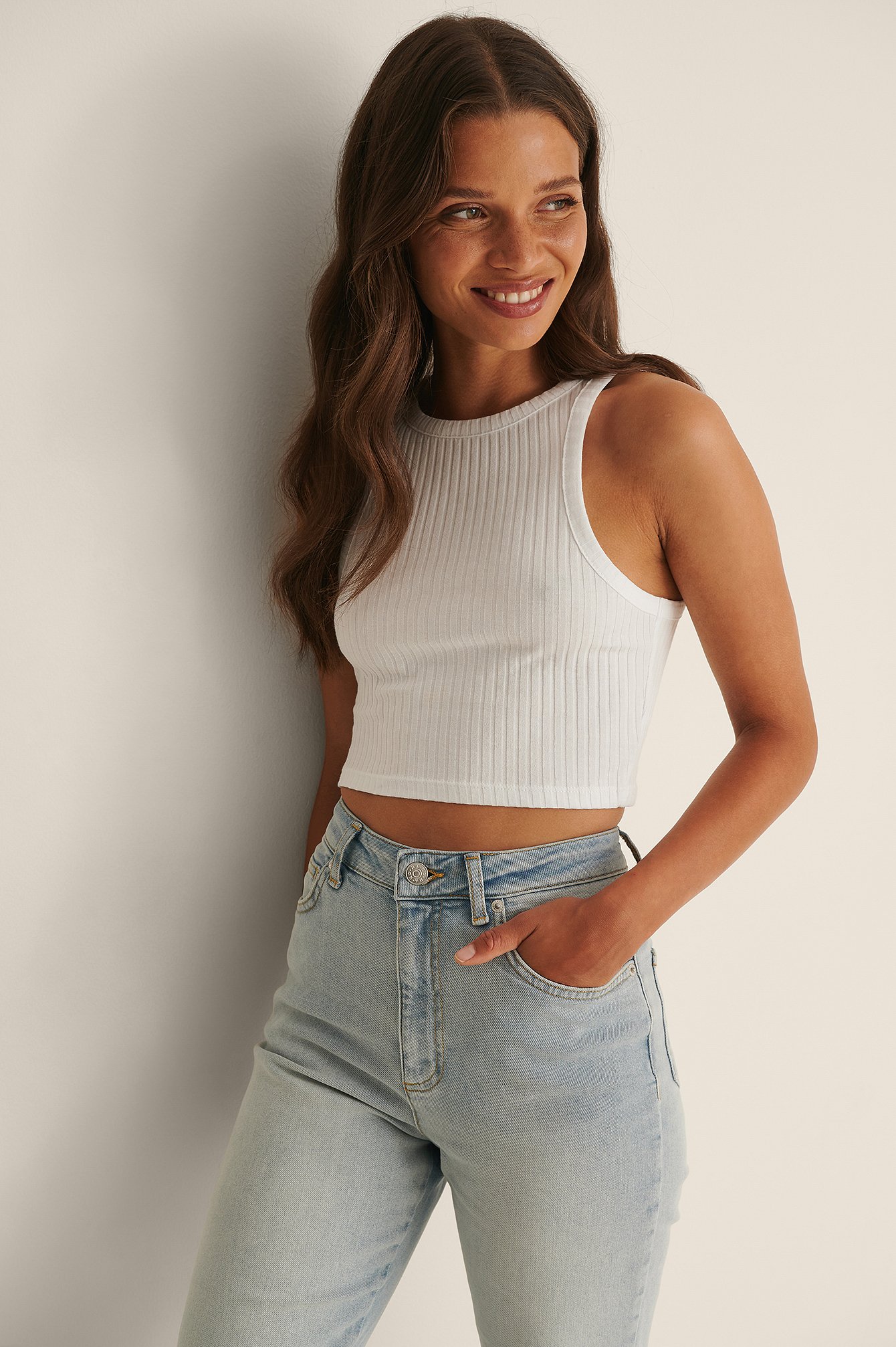 Cropped Ribbed Jersey Tank Top White