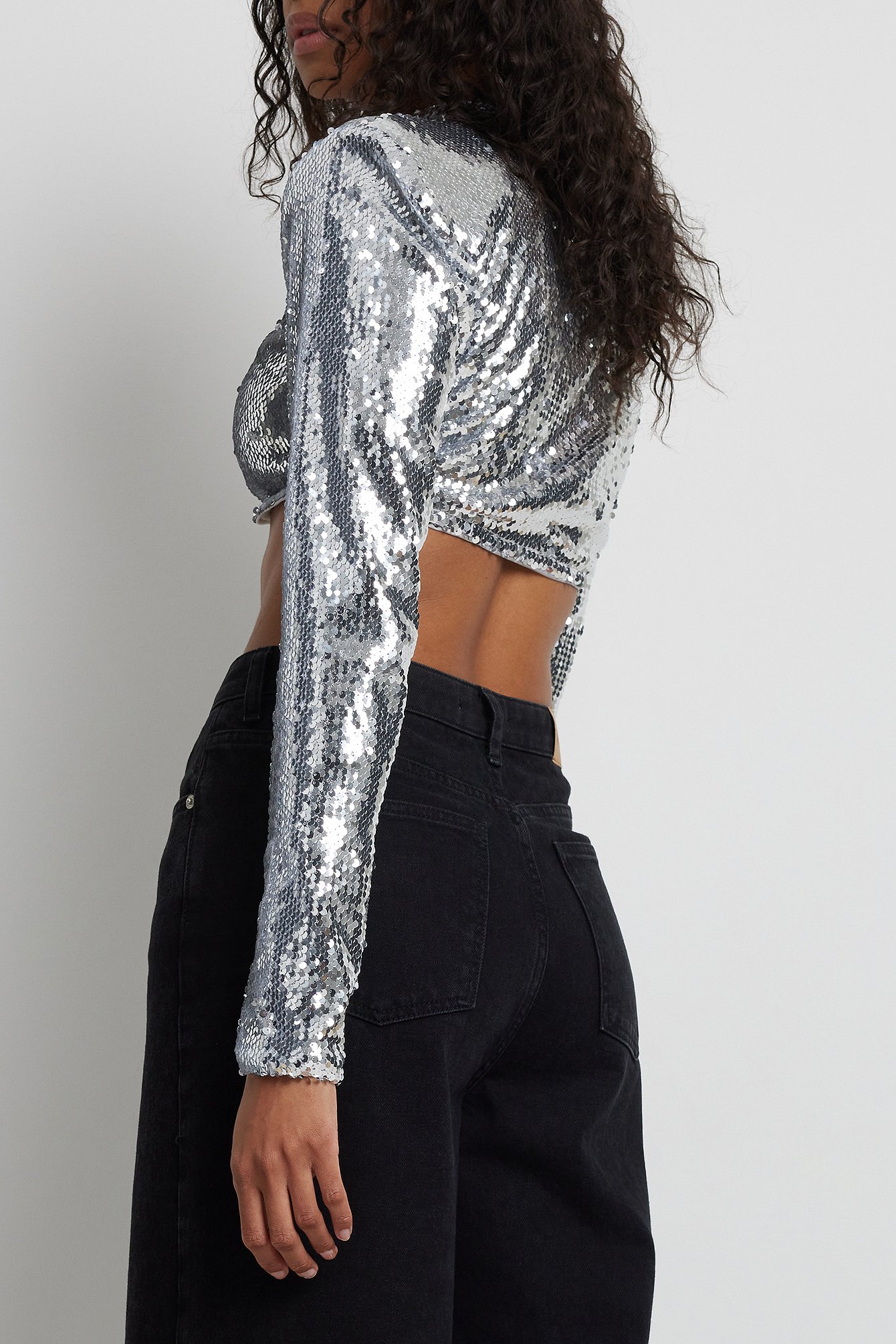 Cropped Shoulder Padded Sequin Top Silver