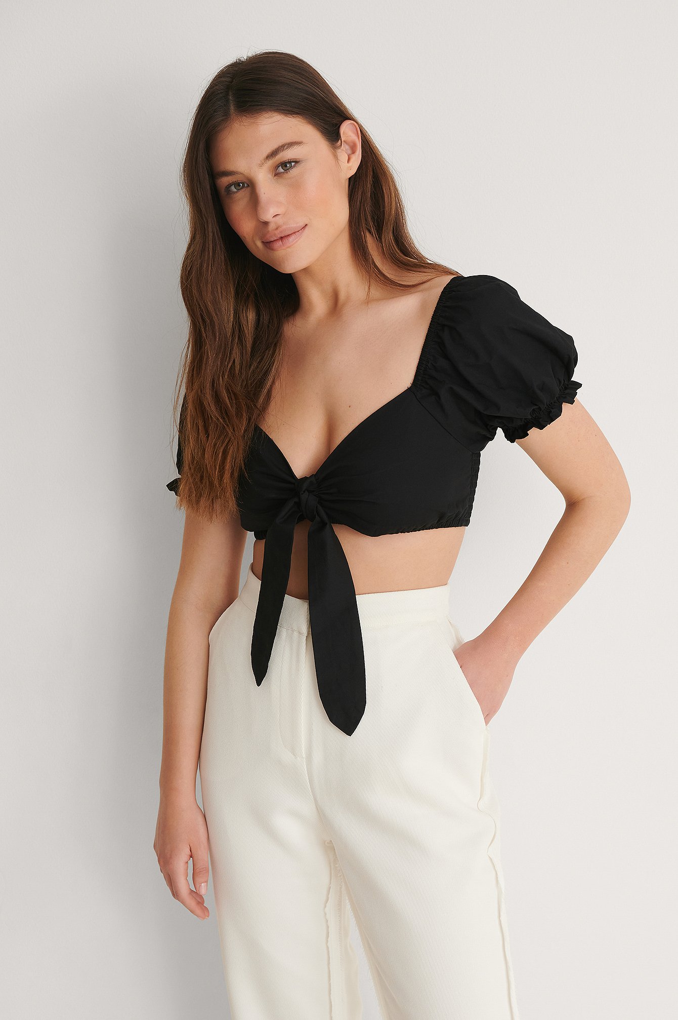 Black Cropped Tie Front Top