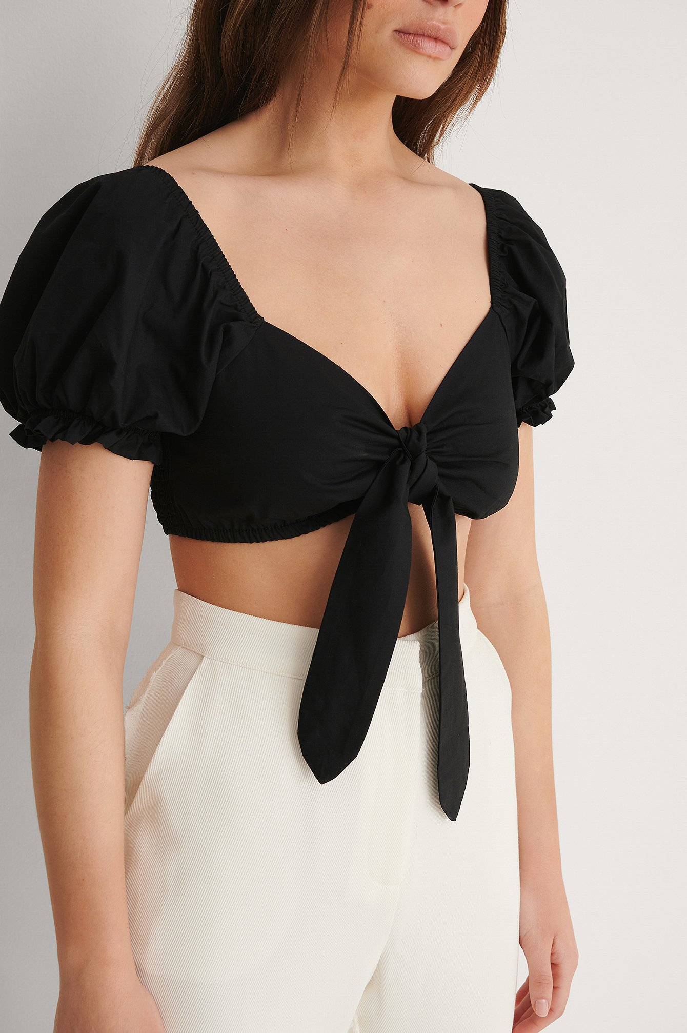 Black Cropped Tie Front Top