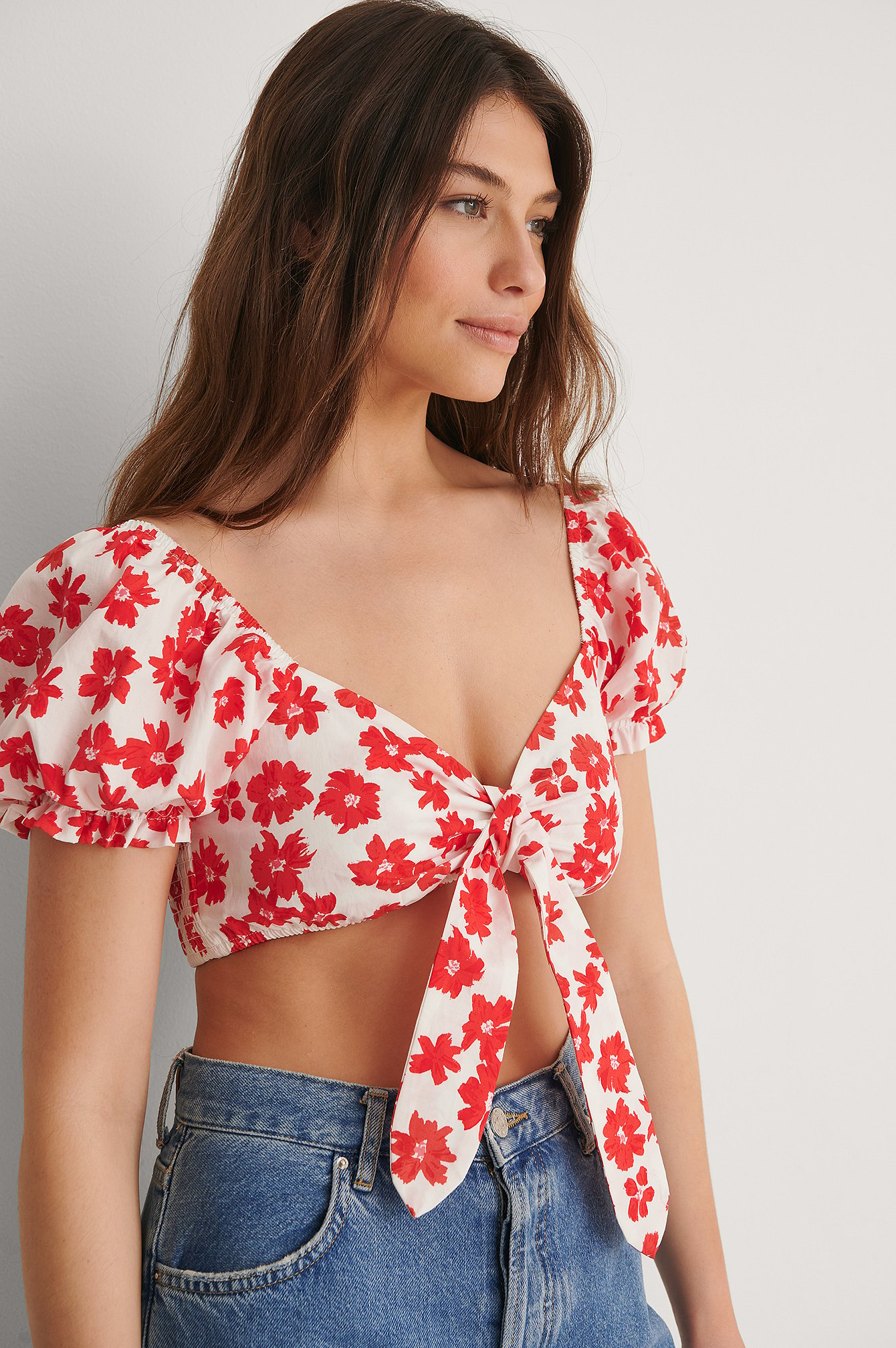 Poppy Red Flower Cropped Tie Front Top