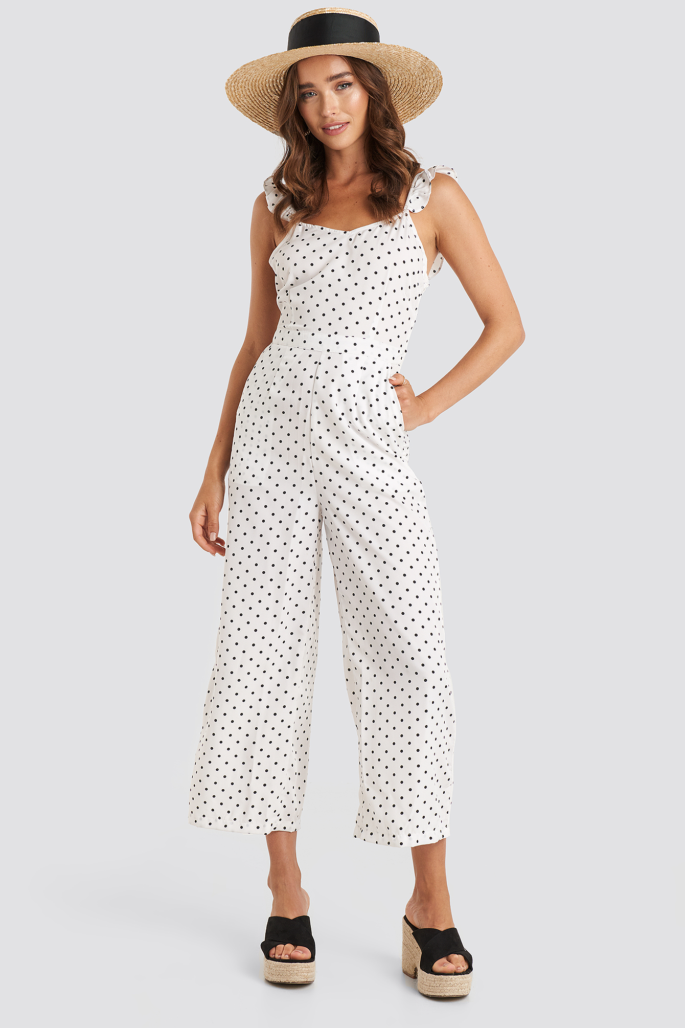 Cross Back Jumpsuit White/Black Dot