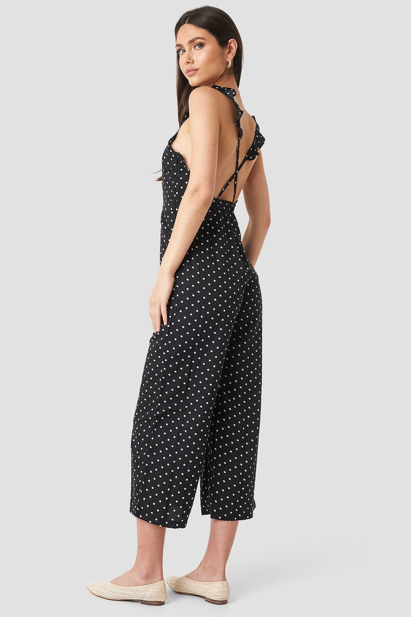Cross Back Jumpsuit Black/White dots