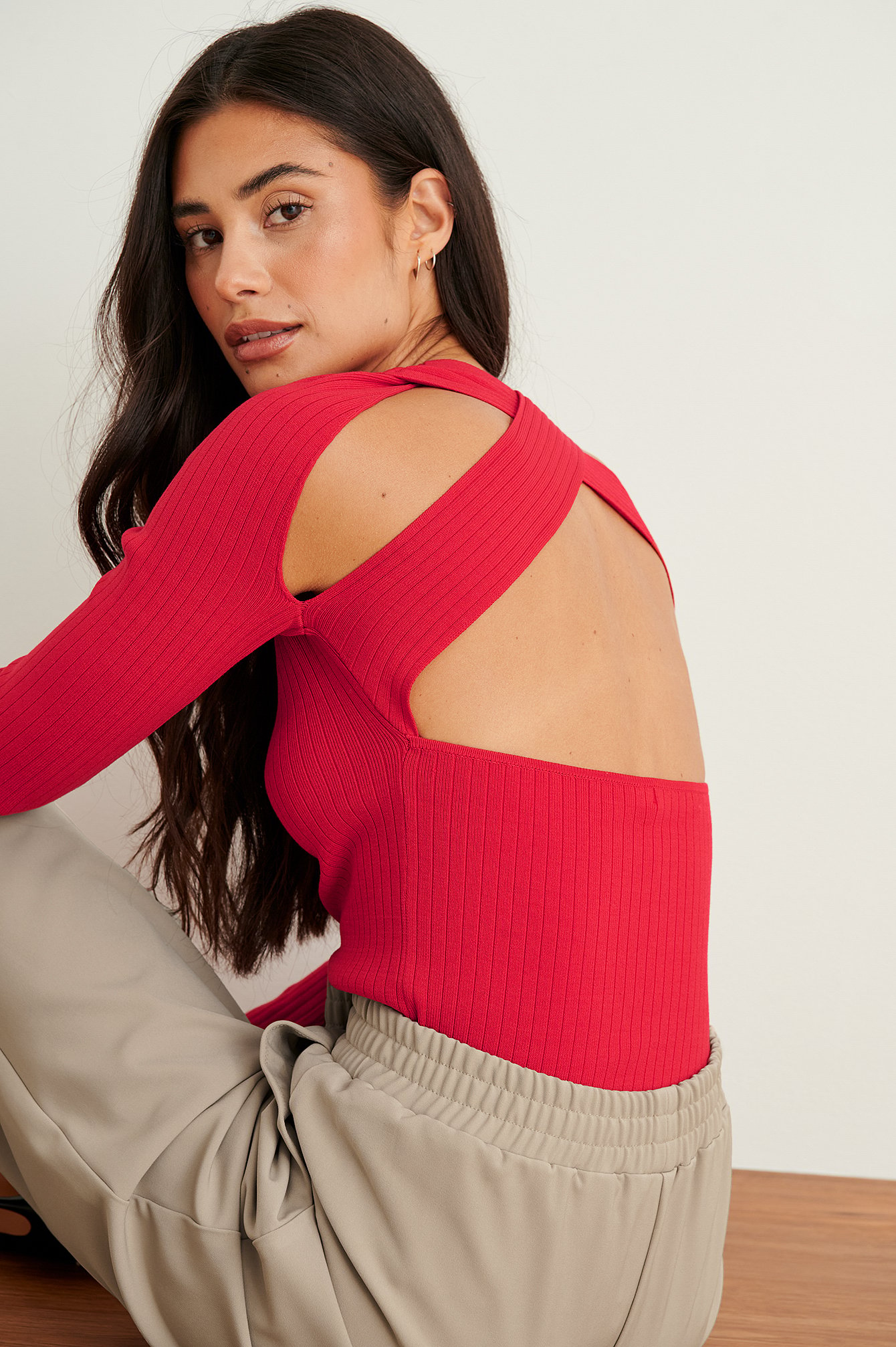 Bright Red Cross Back Knitted Top