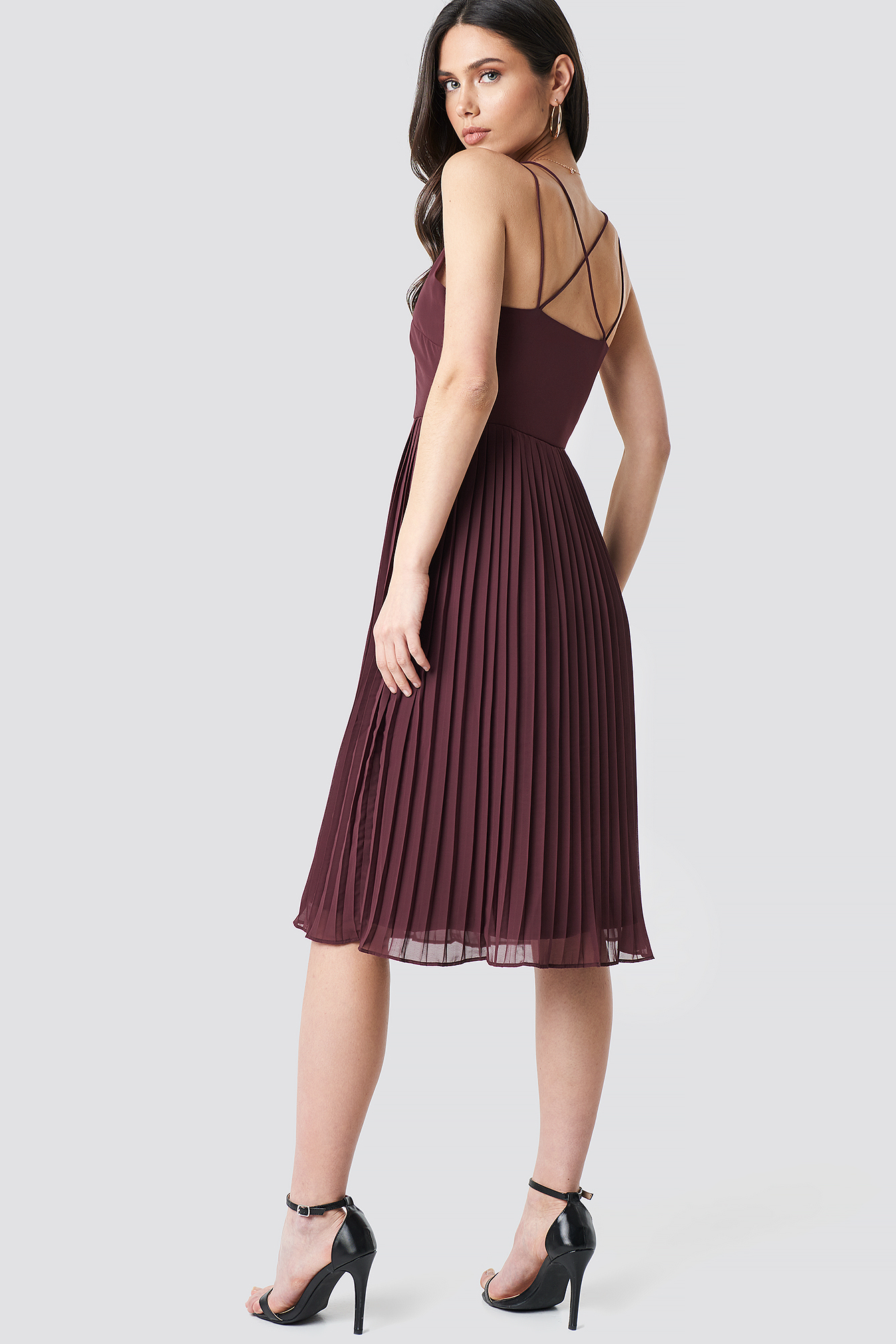 Cross Back Pleated Midi Dress Dark Burgundy