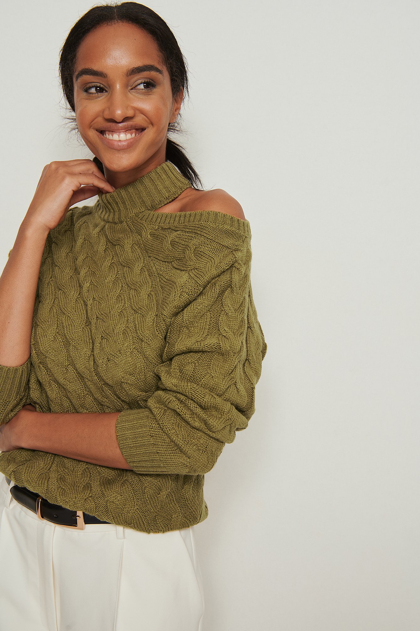 Khaki Cut Out Cable Sweater