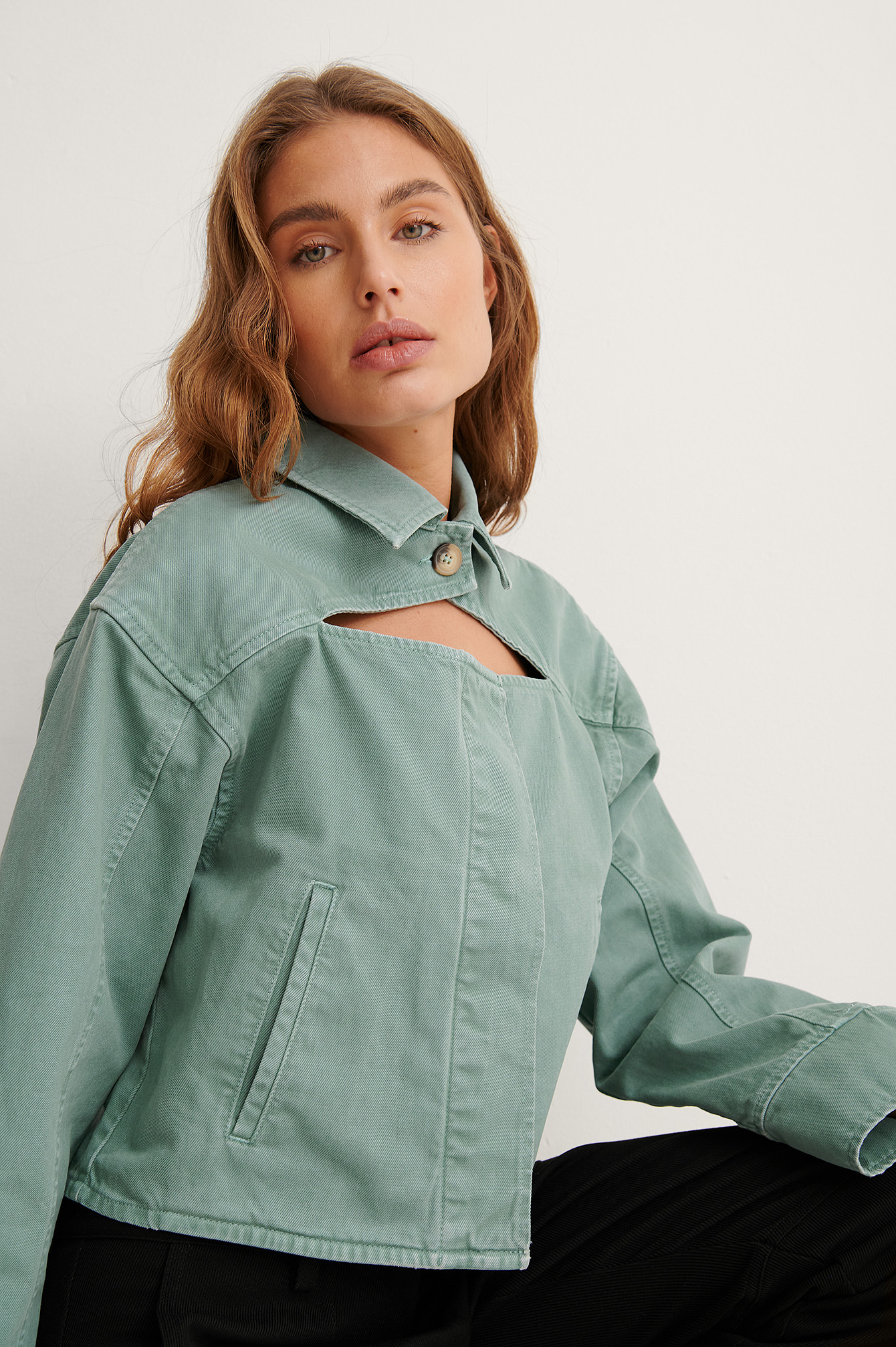 Na-kd Organic Cut Out Denim Jacket Green In Light Turquoise