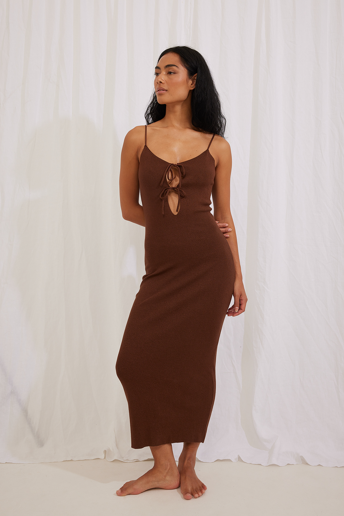 brown cut out midi dress