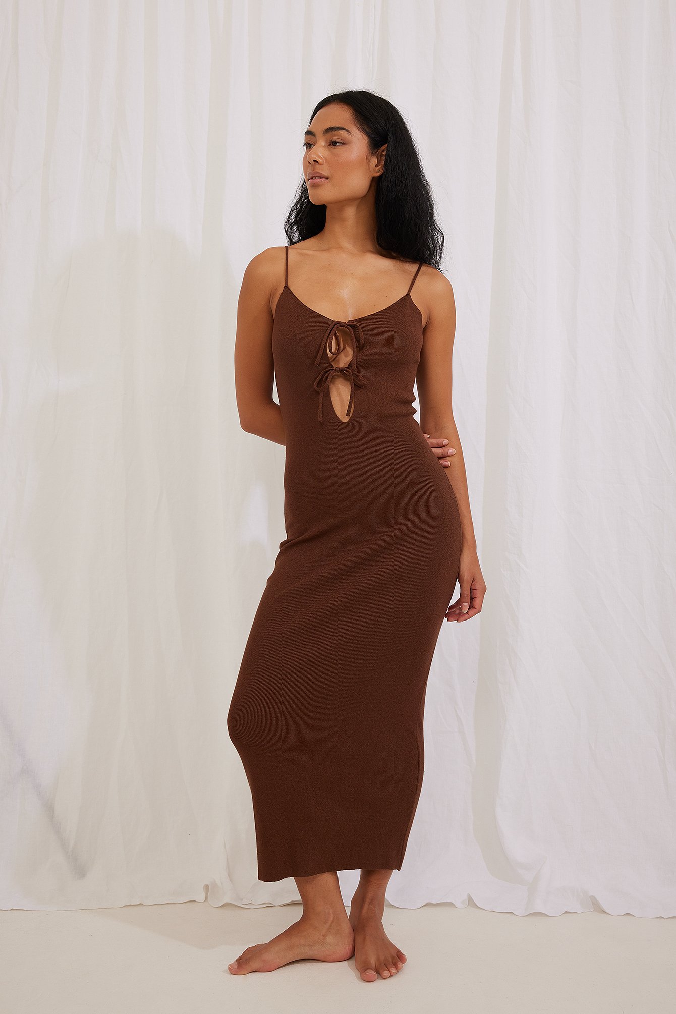 Brown Cut Out Detail Knitted Midi Dress
