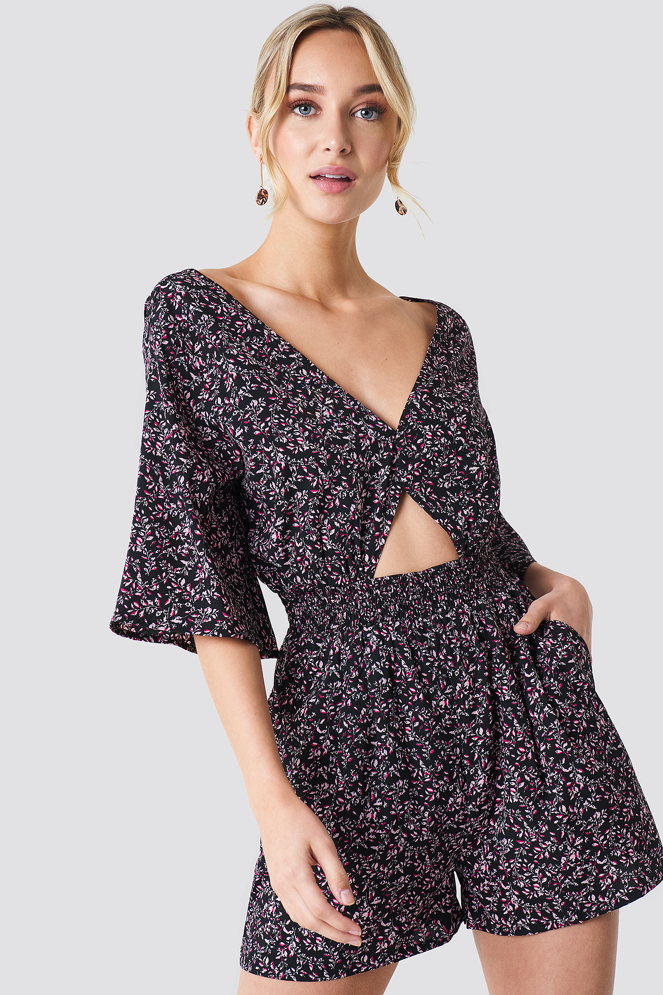 Black/Pink Leaves NA-KD Cut Out Detail Playsuit