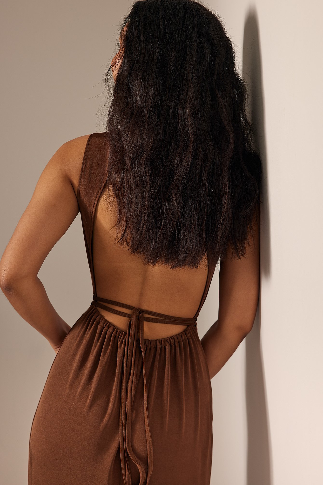 Brown Cut Out Drawstring Midi Dress