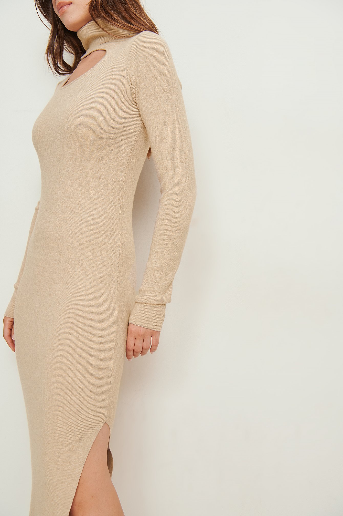 Beige Cut Out High Neck Knitted Dress