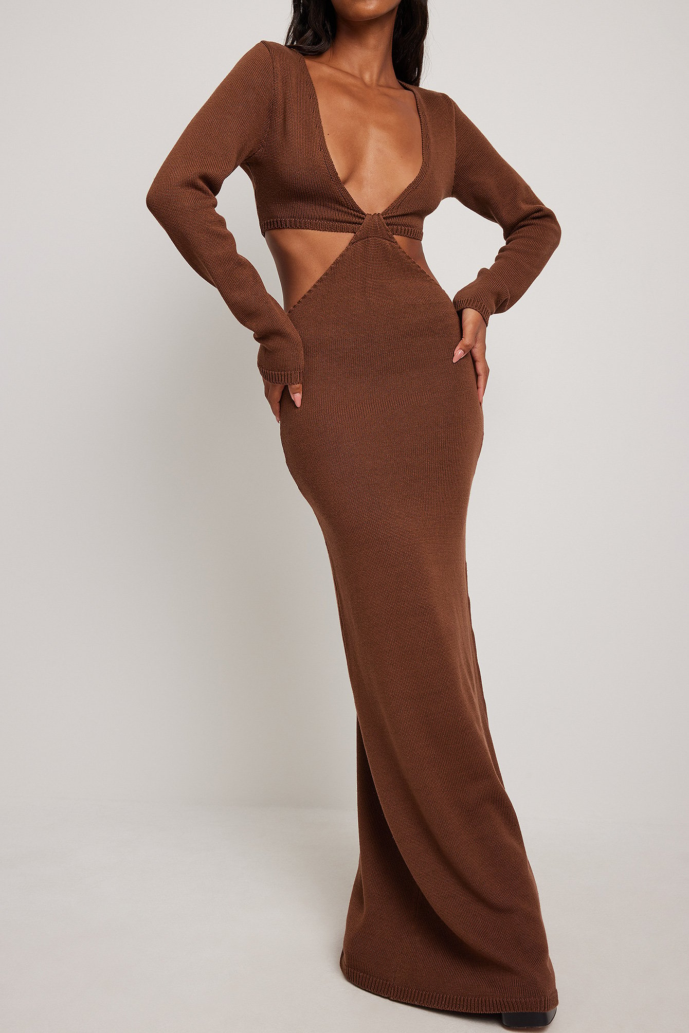 Brown Cut Out Knitted Maxi Dress