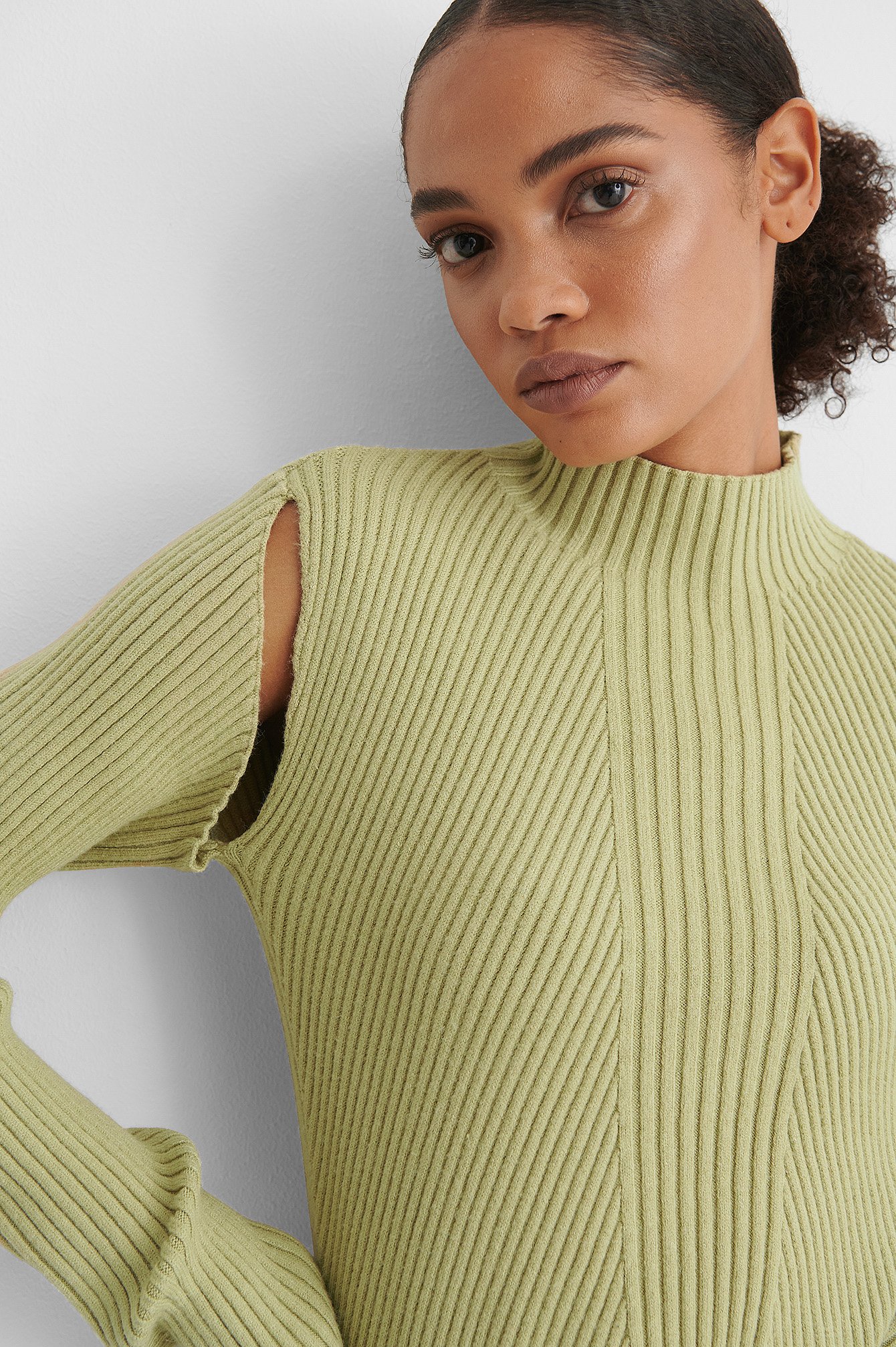 Light Green Cut Out Ribbed Knitted High Neck Sweater