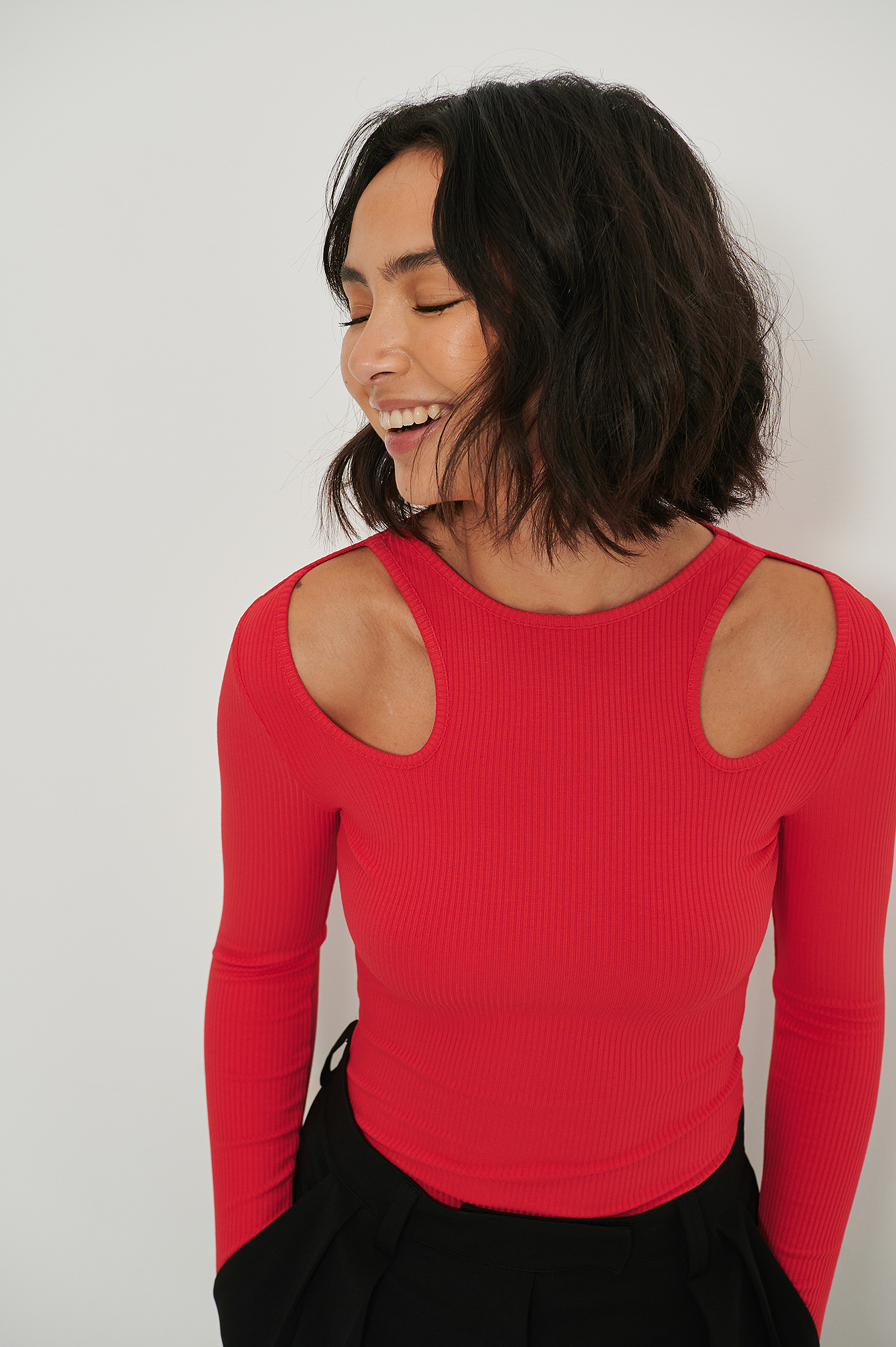 Cut Out Shoulder Ribbed Top Red | na-kd.com