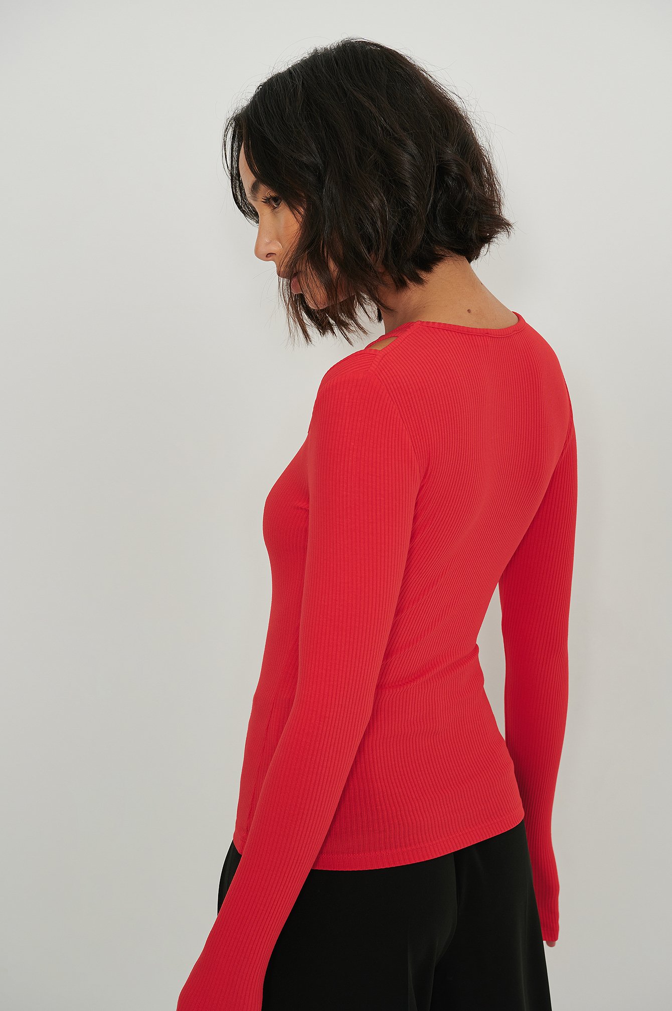 Red Cut Out Shoulder Ribbed Top