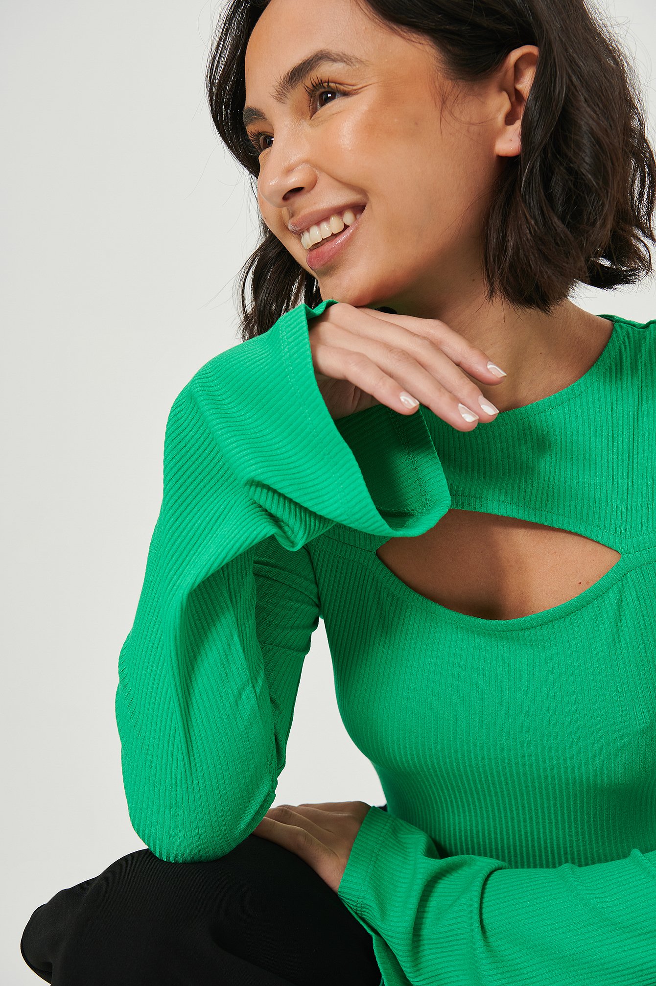 Green Cut Out Trumpet Sleeve Top