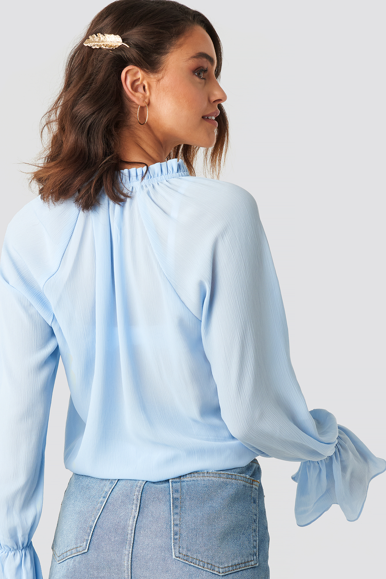 Deep VNeck Flare Cuff Blouse Light Blue