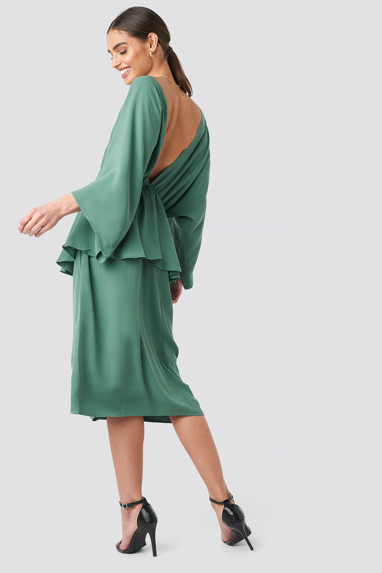 Deep Back Frill Midi Dress Green