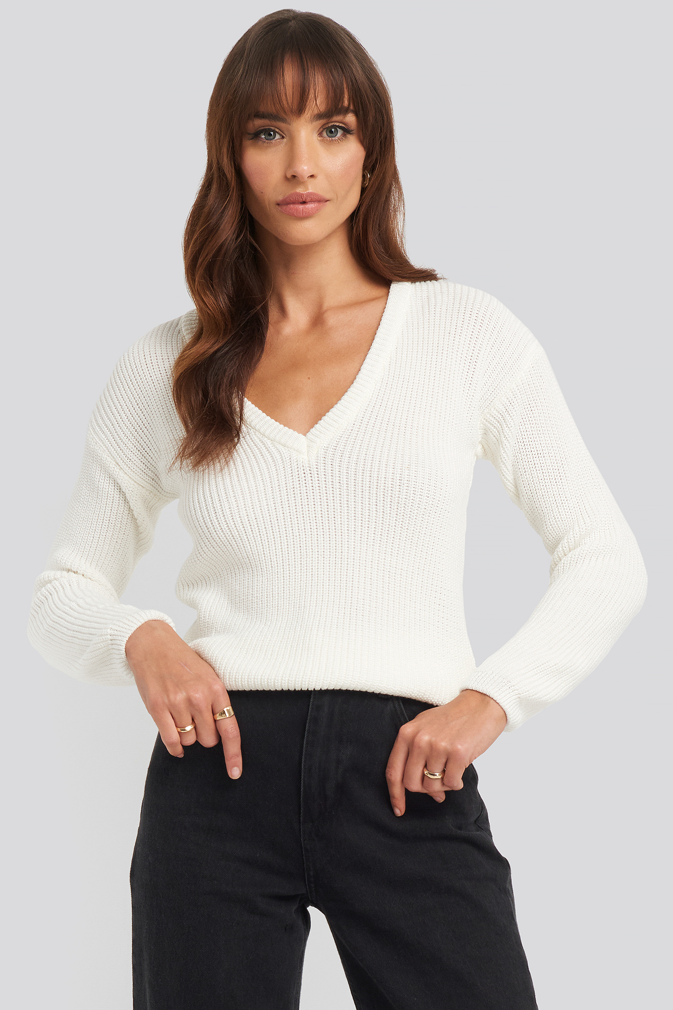 Deep Front V-neck Knitted Sweater White