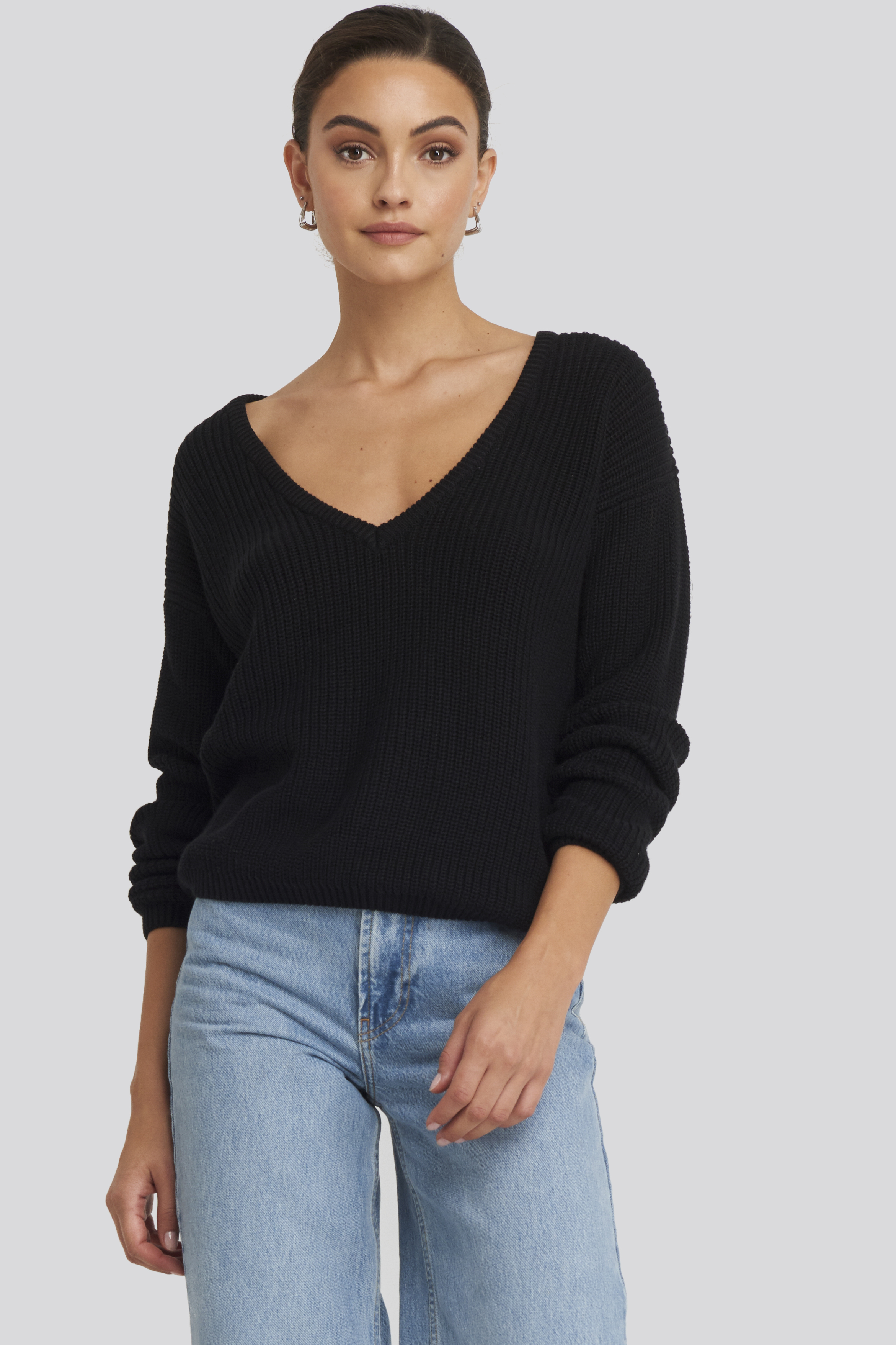 Deep Front V-neck Knitted Sweater Black