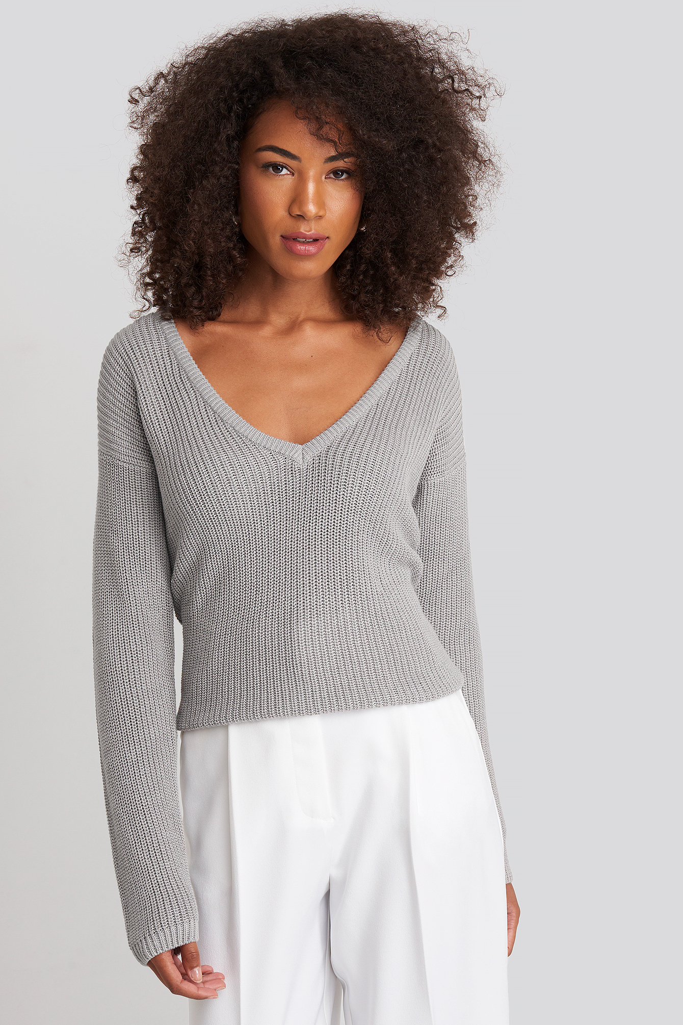 Deep Front V-neck Knitted Sweater Grey